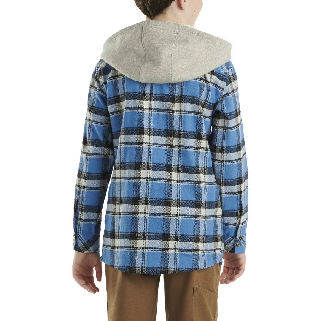 Carhartt Kids Long Sleeve Flannel Shirt - Blue Hooded Button-Up for Boys & Girls | Outdoor Play, School & Casual Wear