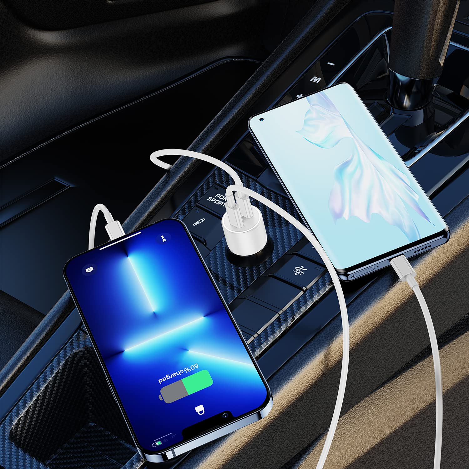 MFi Certified 45W Dual USB-C Car Charger for iPhone 14/13/12 Pro - Fast Charging with C to Lightning Cable - Perfect for Road Trips & Commuting