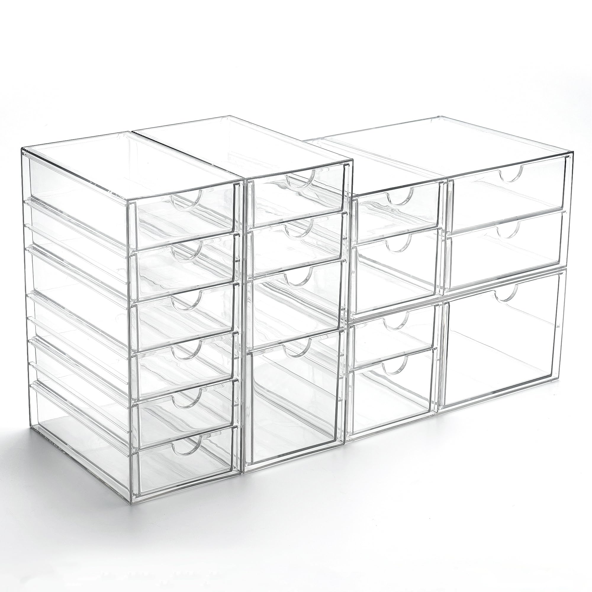 17-Drawer Acrylic Stackable Storage Organizer Set of 4 - Clear Desk Drawers for Makeup, Jewelry, Art Supplies & Office Accessories - Perfect for Vanity Countertop, Craft Room & Home Organization