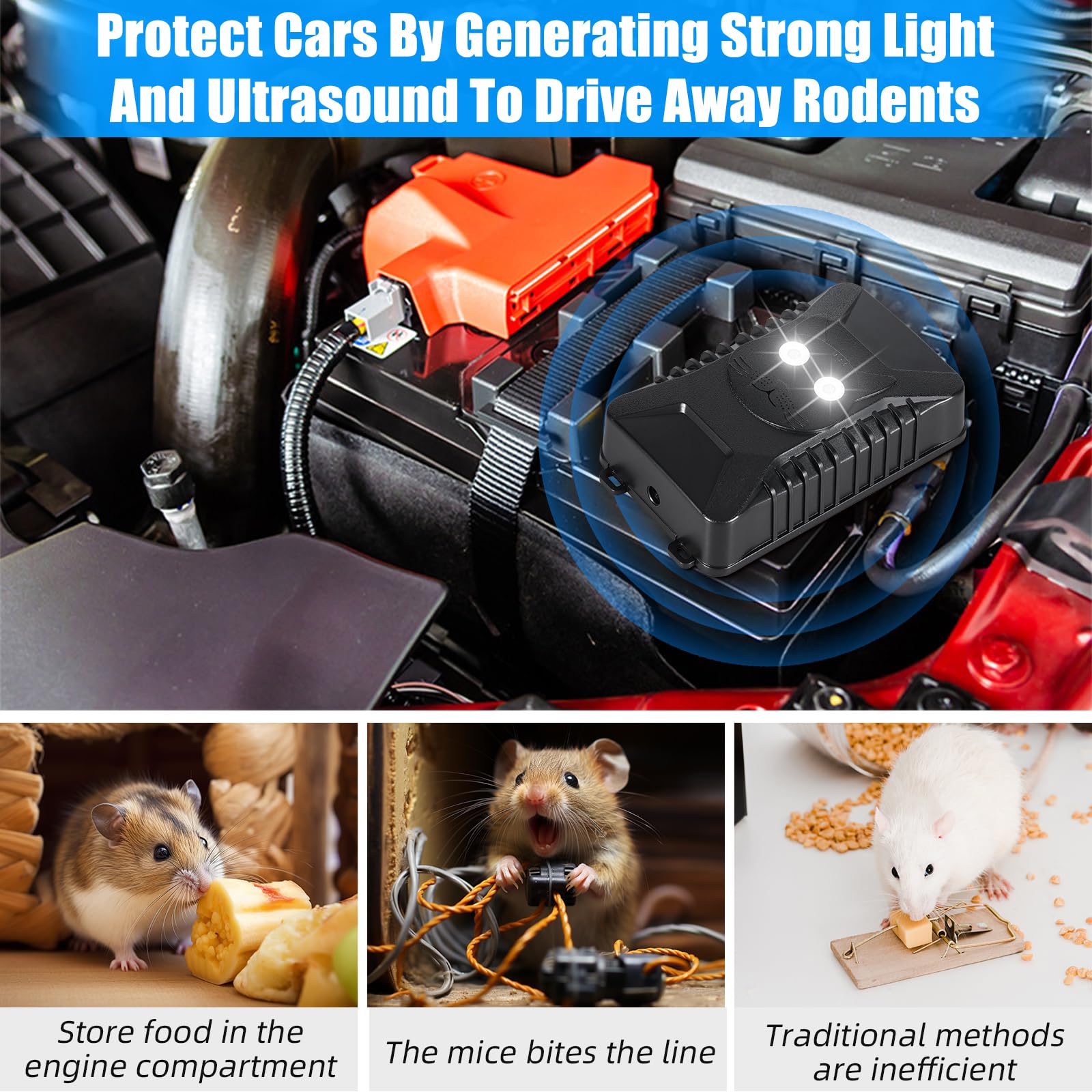 Car Rodent Repellent Ultrasonic Battery Operated Mouse & Rat Deterrent for Car Engine, Under Hood Rodent Repellent, Keep Mice Out of Car, Barn, Garage - Ideal for Vehicle Protection and Storage Areas
