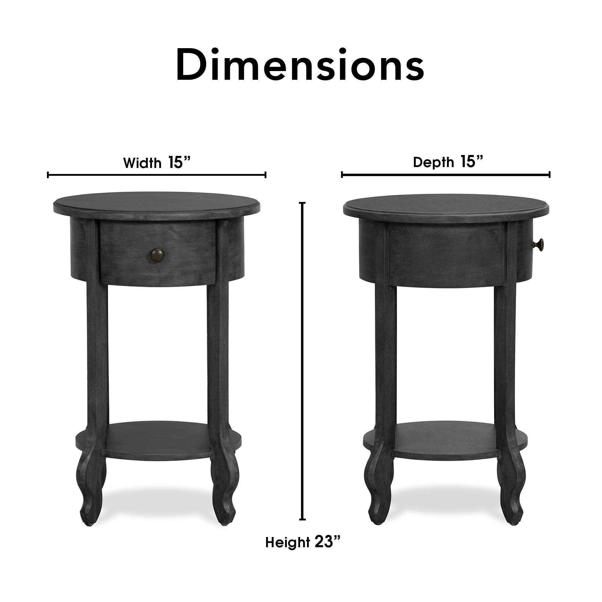 Finch James Round Wooden Accent Side Table with Drawer - Traditional Nightstand for Bedroom & Living Room - Compact Storage Solution for Small Spaces - 15