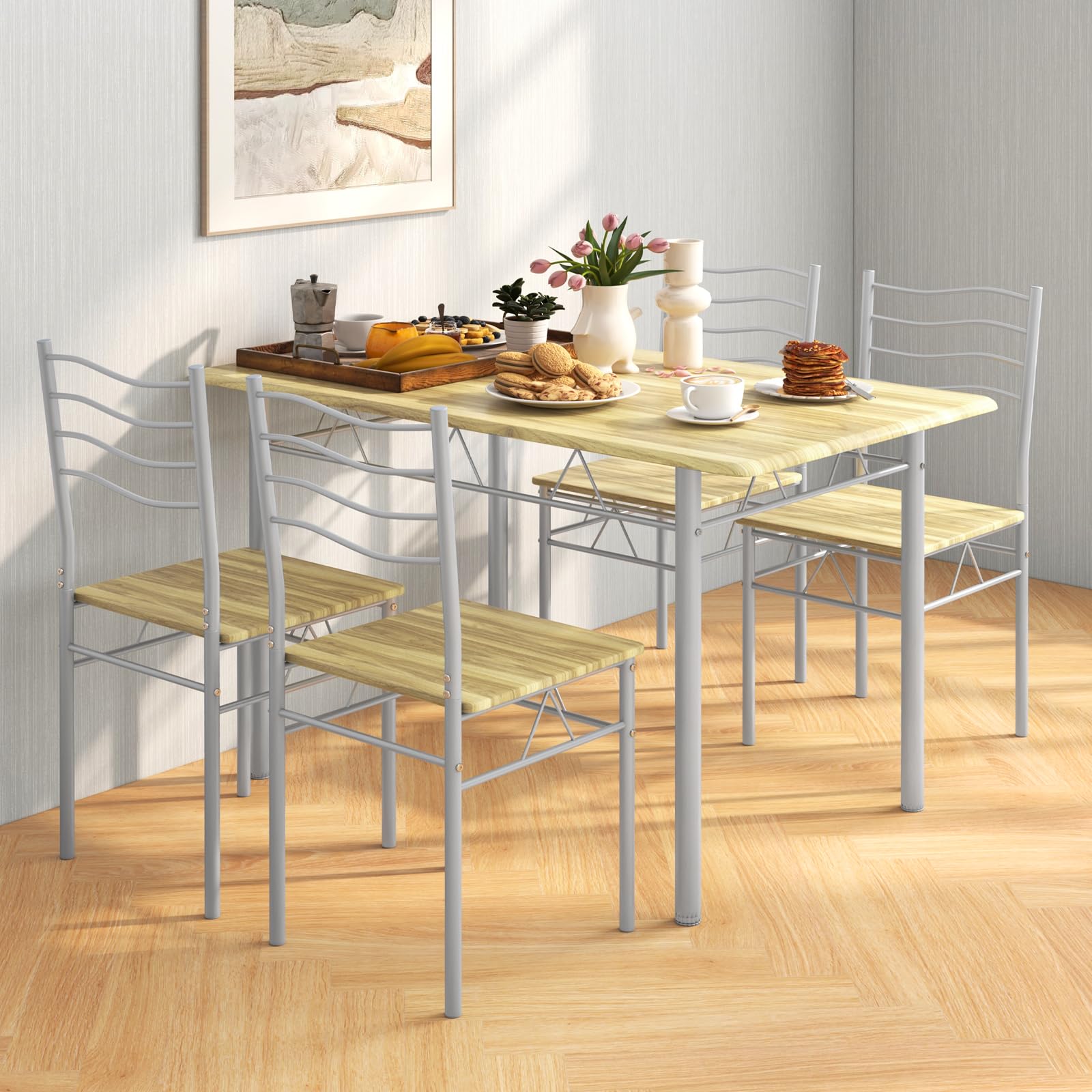 Giantex Modern 5-Piece Dining Table Set with 4 Chairs, Wood & Metal Kitchen Breakfast Furniture Set, Natural Finish - Perfect for Small Spaces, Apartments, and Cozy Family Meals