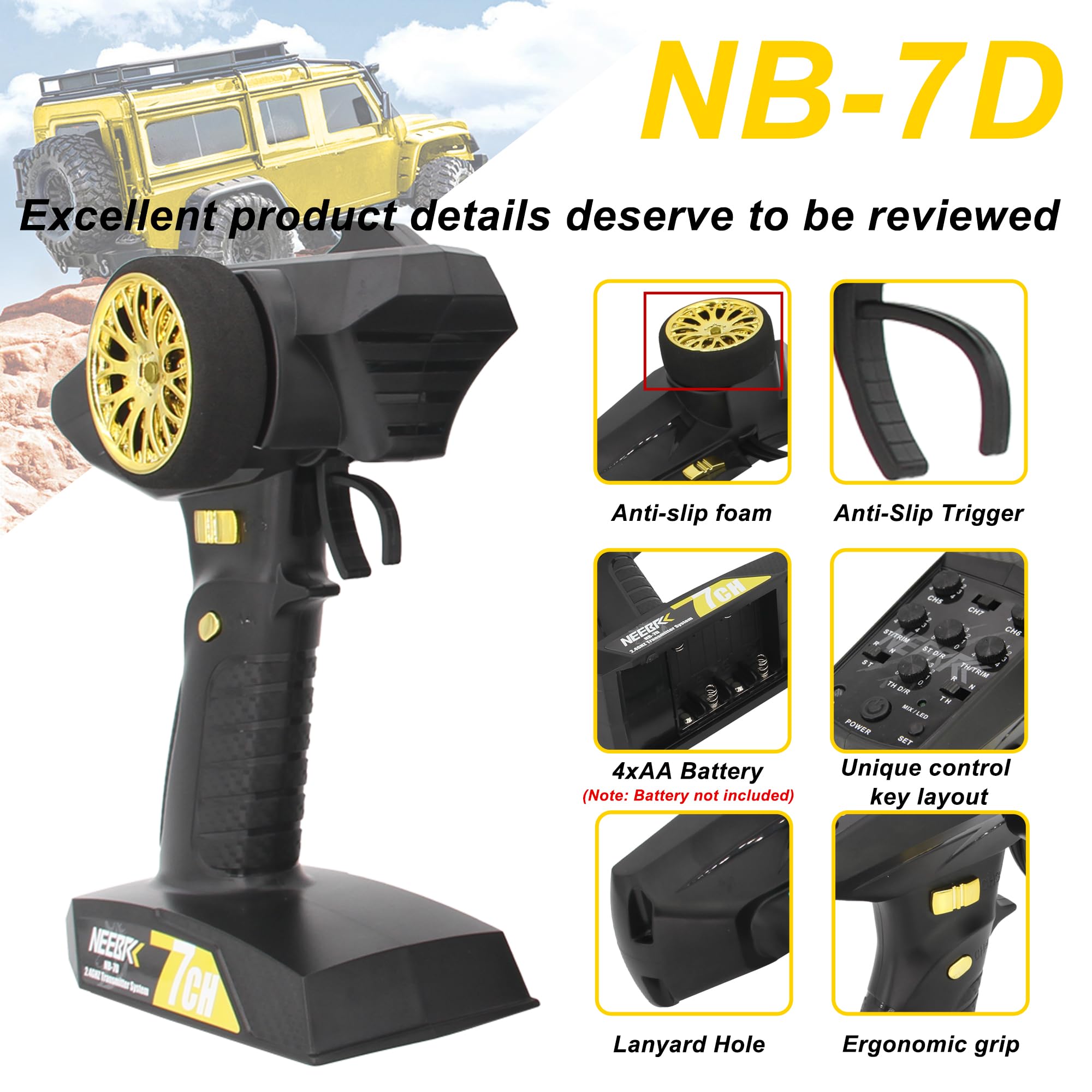 7 Channels 2.4GHz RC Transmitter with Receiver - Built-in Light Control System & 12 LED Light Set - Wireless Remote Controller for RC Cars, Crawlers, Trucks, Buggies, Boats, Tanks - Perfect for Off-Road & On-Road Racing (Golden)