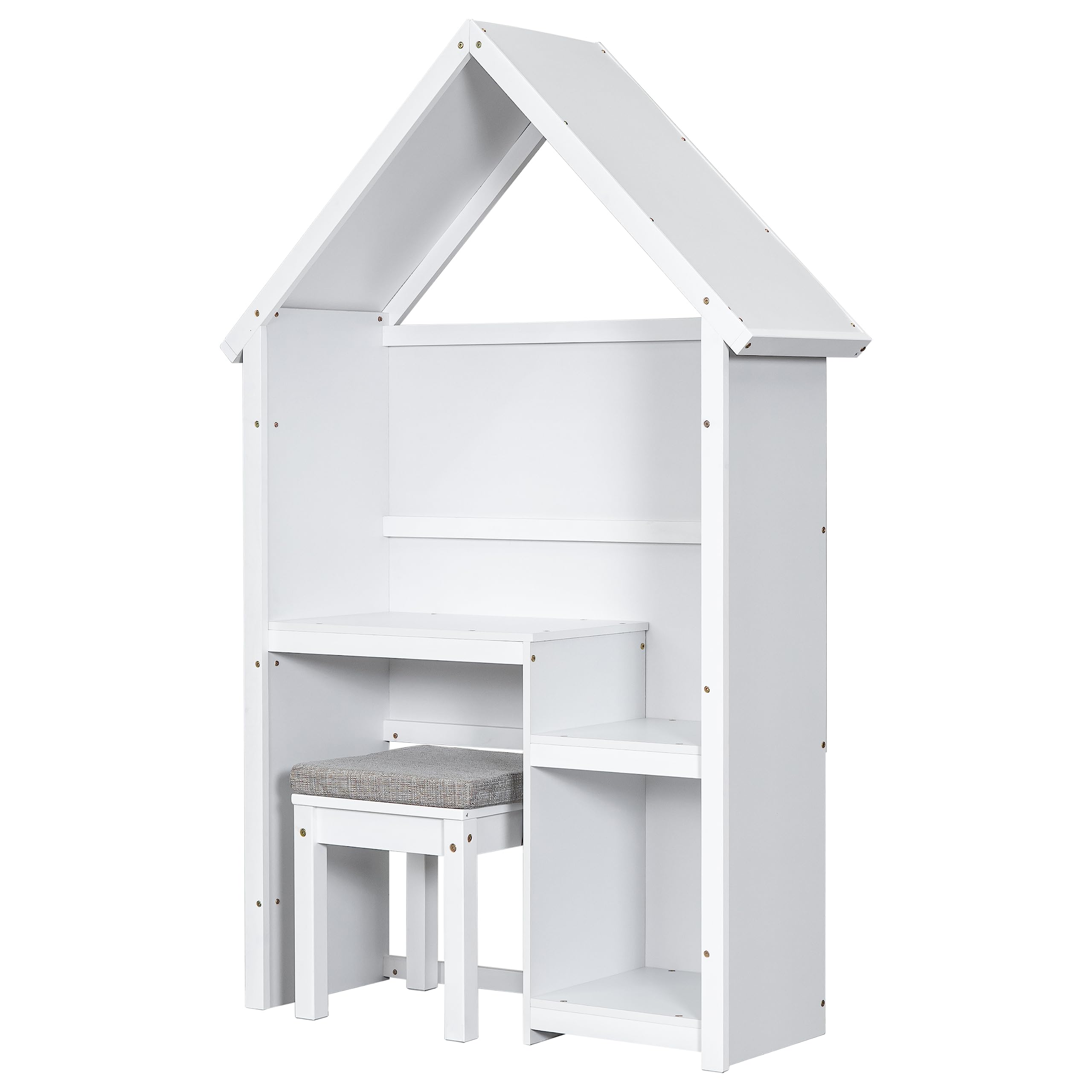 Dolonm Kids Desk and Chair Set - Wooden Study Desk with Detachable Cushion Stool & Storage Shelf, House-Shaped Design for Bedroom - Perfect for Homework, Drawing & Learning Activities (Ages 3+, White)