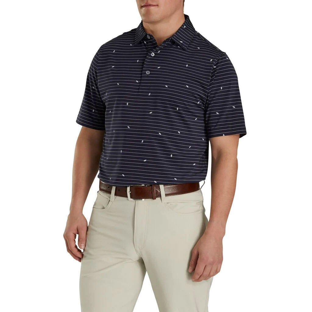 FootJoy Men's Athletic Fit Lisle Stripe Golf Polo Shirt with Self Collar in Navy Stripe - Breathable & Comfortable for Golf, Casual Wear & Outdoor Activities
