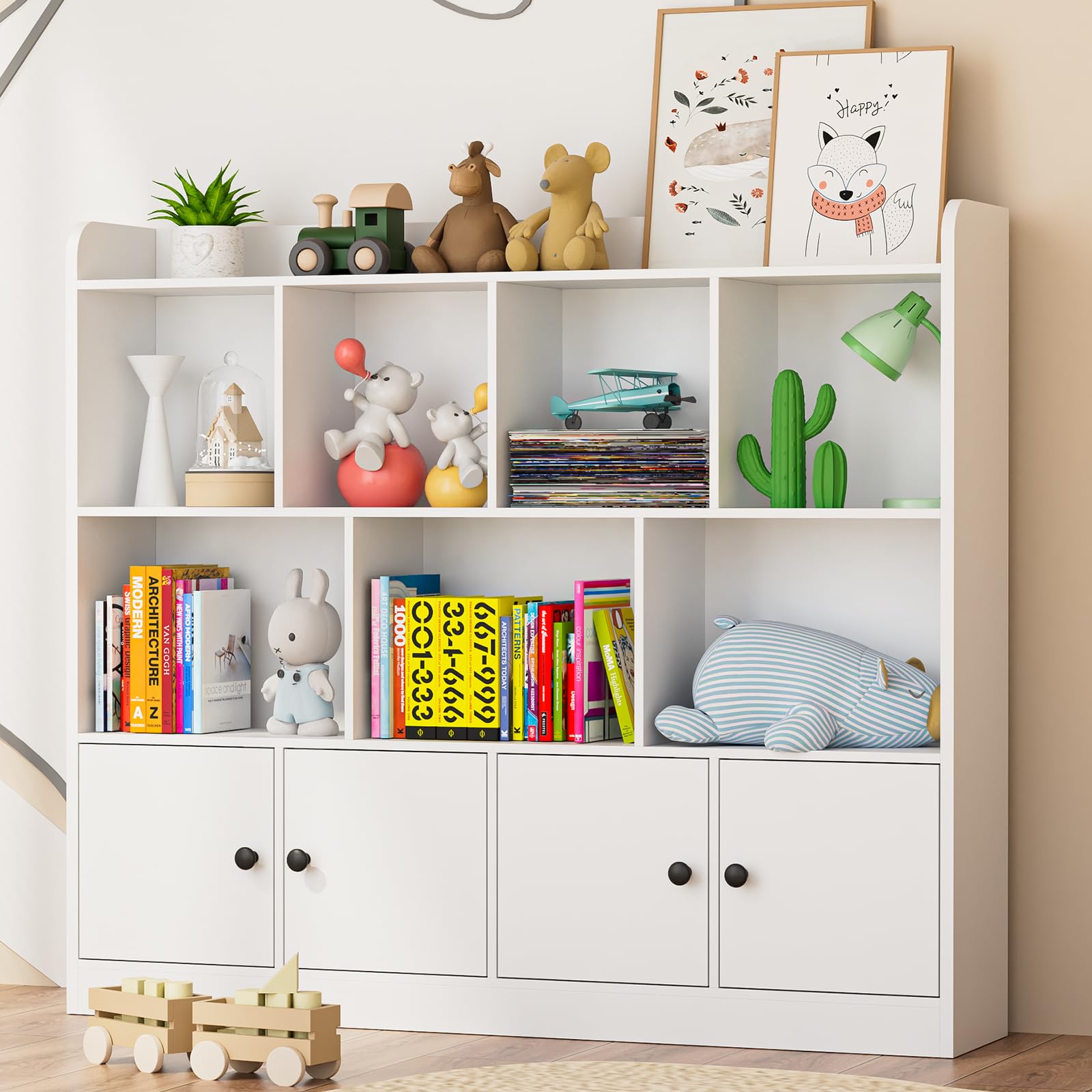 2 in 1 Large Toy Organizer and Storage Shelf - 4 Tier Kids Bookshelf with 11 Storage Cubbies - White Wooden Storage Cabinet for Daycare, School, Classroom, Playroom, Nursery & Kindergarten - Perfect for Organizing Toys, Books & Learning Supplies