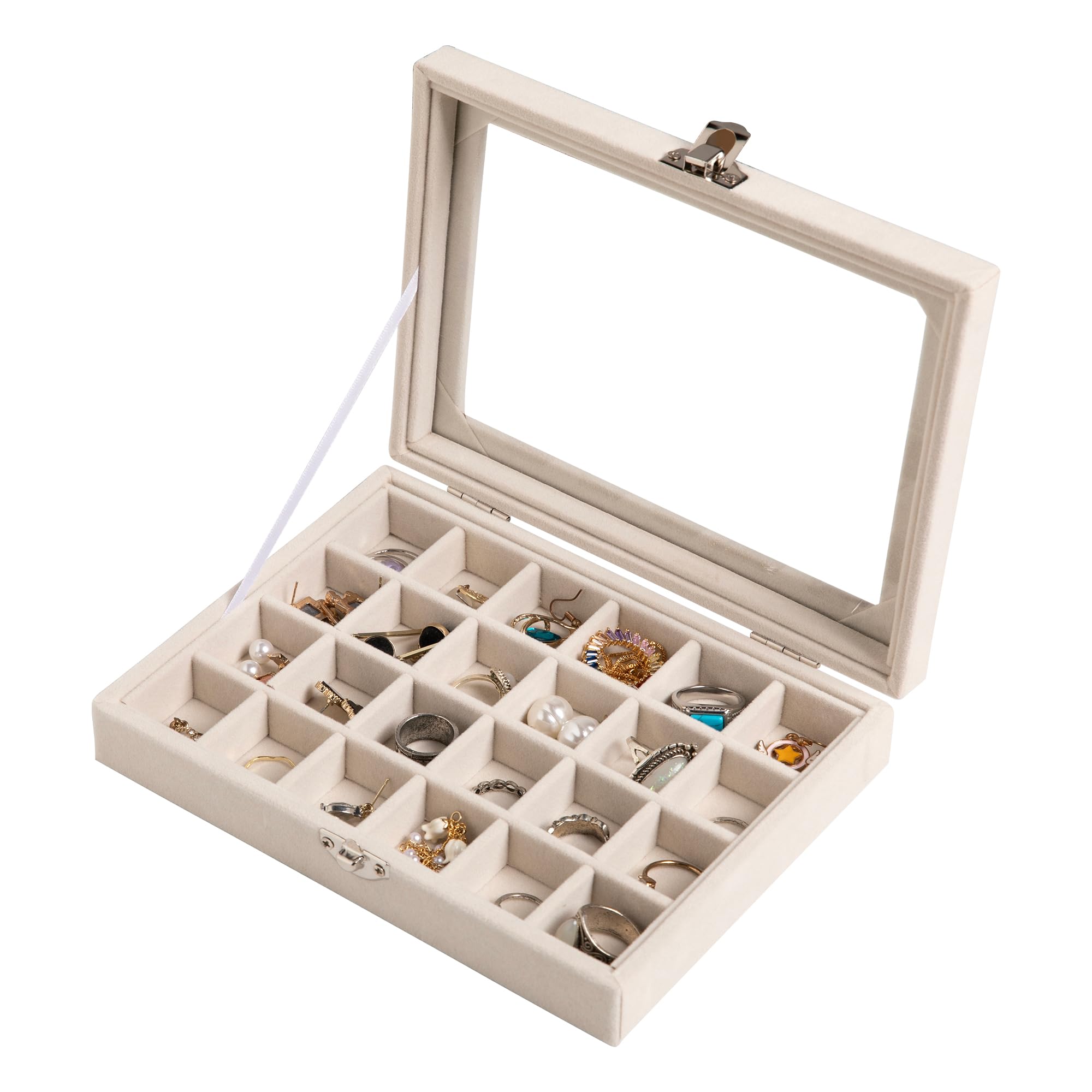 Frebeauty 24-Slot Velvet Jewelry Organizer Tray with Clear Lockable Lid - Earring, Ring, and Stud Holder for Women & Girls (Beige) | Perfect for Travel, Vanity, and Gift Giving
