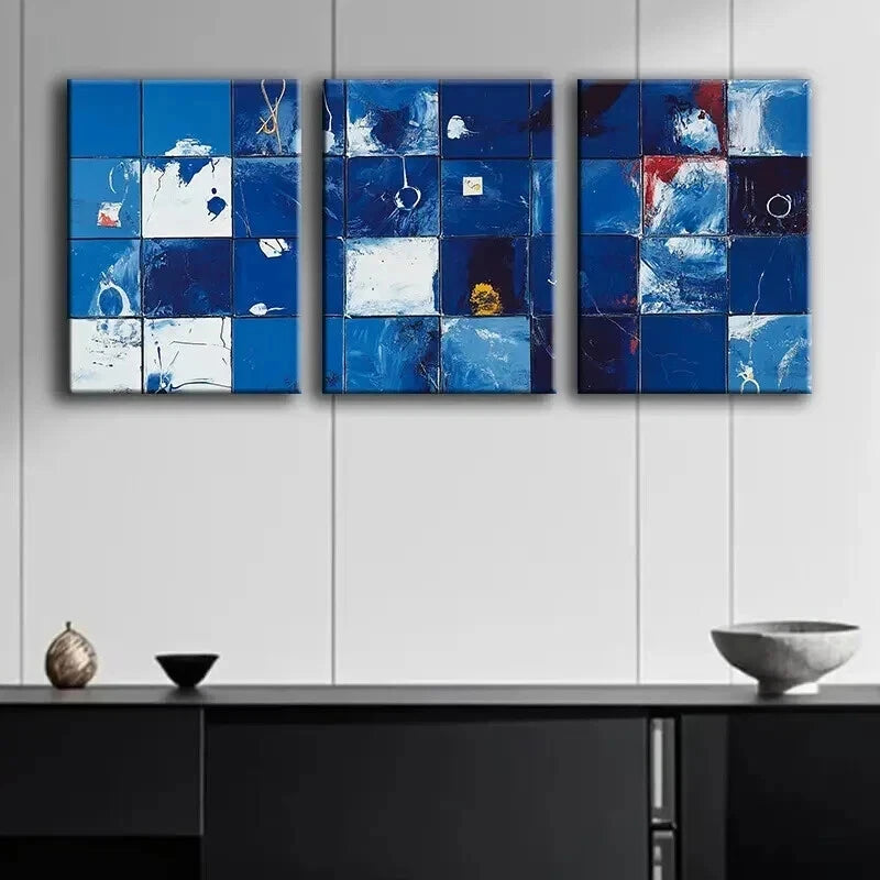 3-Piece Abstract Blue and White Geometric Grid Wall Art Set - 40x60cm Framed Canvas Prints | High Quality Australian Made Ready-to-Hang Wall Decor for Living Room, Bedroom & Office