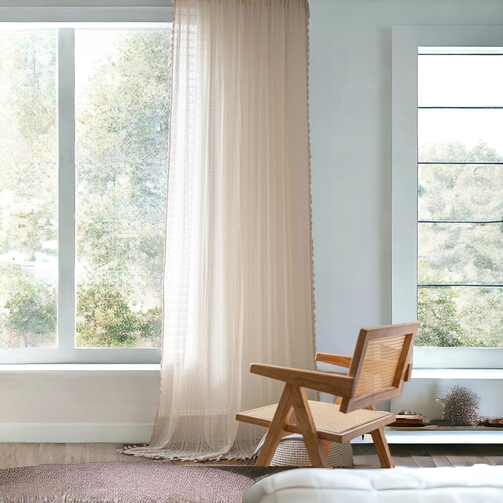 Breathable Dakota Cotton Geometric White Grommet Sheer Curtains for Living Room & Bedroom - Light Filtering Window Treatment for Home Decor