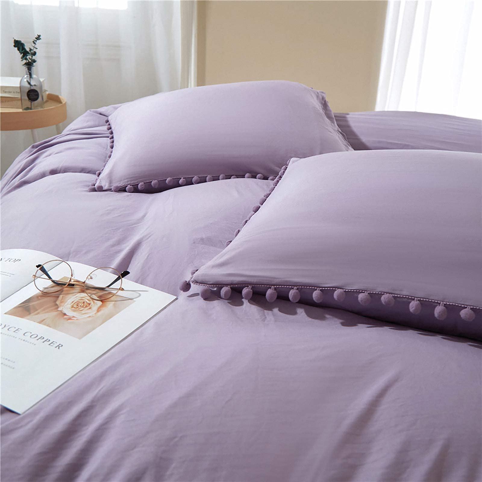 ETDIFFE Lavender Pom Duvet Cover Twin Size - 2 Piece Boho Bohemian Farmhouse Microfiber Quilt Cover Set - Soft & Lightweight Bedding Comforter Cover, Solid Purple Pompom Trim - Perfect for Guest Rooms, Dorm Decor & Cozy Bedroom Makeover