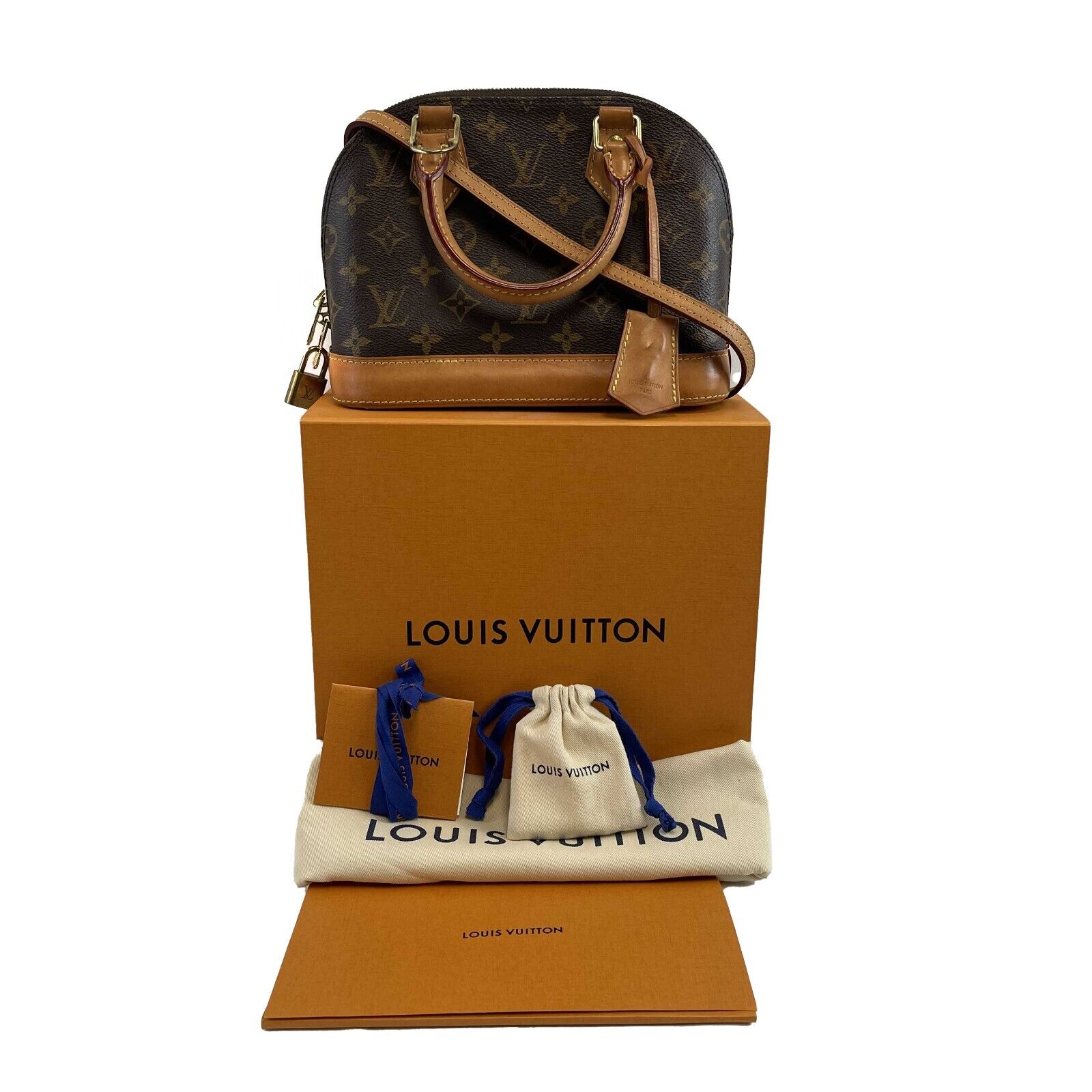 Authentic Louis Vuitton Alma BB Monogram Crossbody Bag with Lock & Key - Luxury Brown Leather Handbag for Women, Perfect for Date Night & Travel Accessories