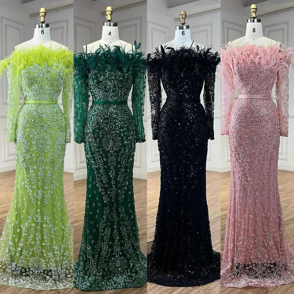 Luxury Dubai Green Boat Neck Mermaid Evening Dress with Elegant Feathers & Beading for Women - Perfect for Weddings, Parties & Special Occasions