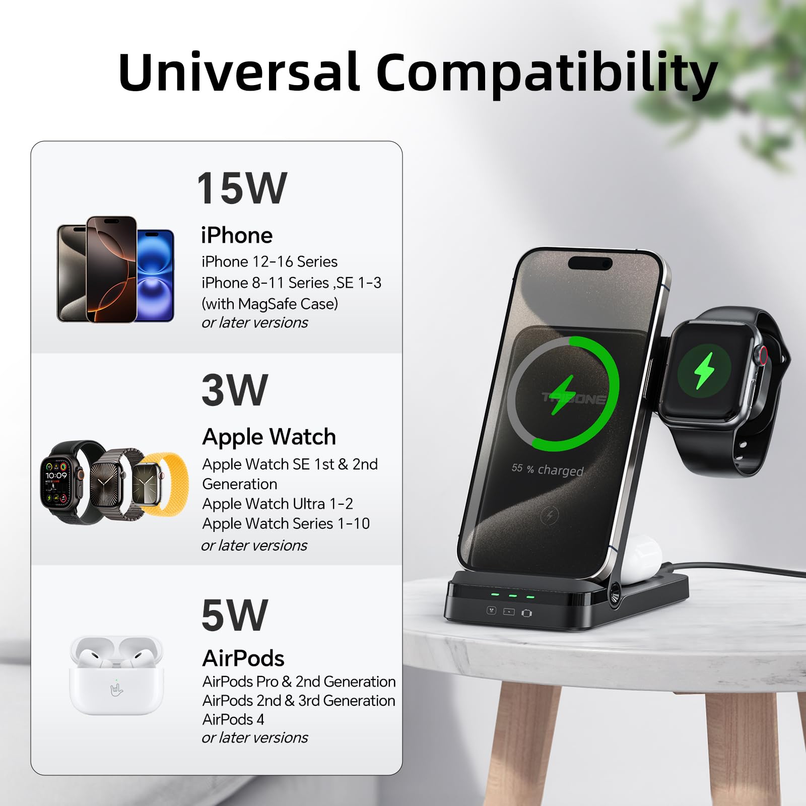 Tribone 3-in-1 Foldable Fast Wireless Charger for iPhone 16/15/14/13/12/11 Pro Max/XS/XR/8 Plus, Apple Watch 10/9/8/7/6/5/4/3/2/SE/Ultra & AirPods Pro 4/3/2 - Black | Multi-Device Charging Station for Home, Office & Travel