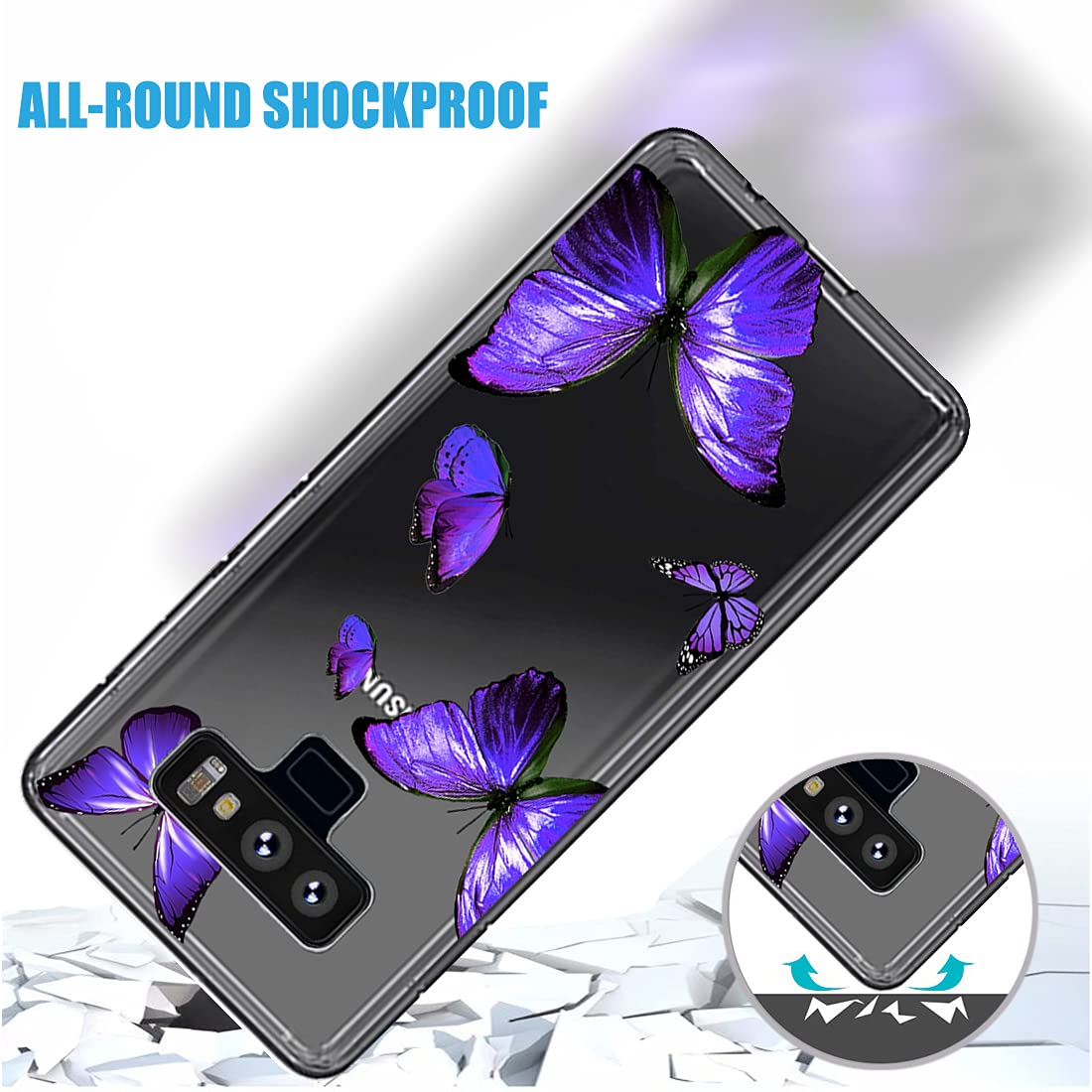 Samsung Galaxy Note 9 Case - Cute Purple Butterfly Soft TPU Shockproof Protective Clear Phone Cover for Women & Girls | Perfect for Everyday Use, Work & School Protection