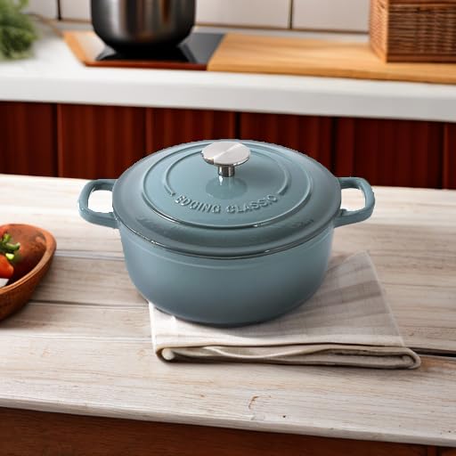 Premium 5.5 Quart Enameled Cast Iron Dutch Oven with Dual Handles - Slate Blue - Perfect for Braising, Stewing, Baking & Slow Cooking Soups