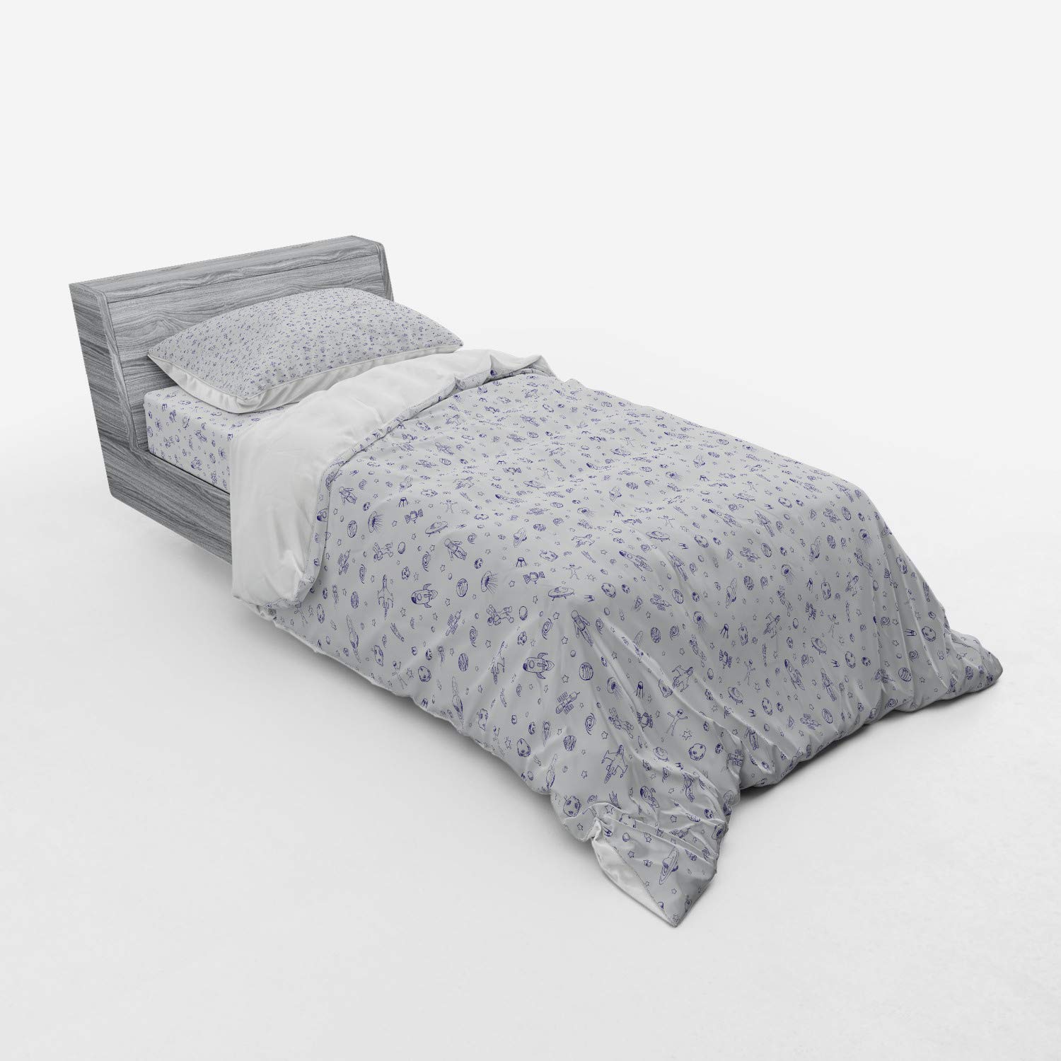 Ambesonne Spaceship Duvet Cover Set - Hand Drawn Galactic Doodle Design with Planets, 3 Piece Twin XL Bedding Set (Duvet Cover, Sham & Fitted Sheet) in Royal Blue & White - Perfect for Sci-Fi Themed Bedrooms & Space Enthusiast Decor