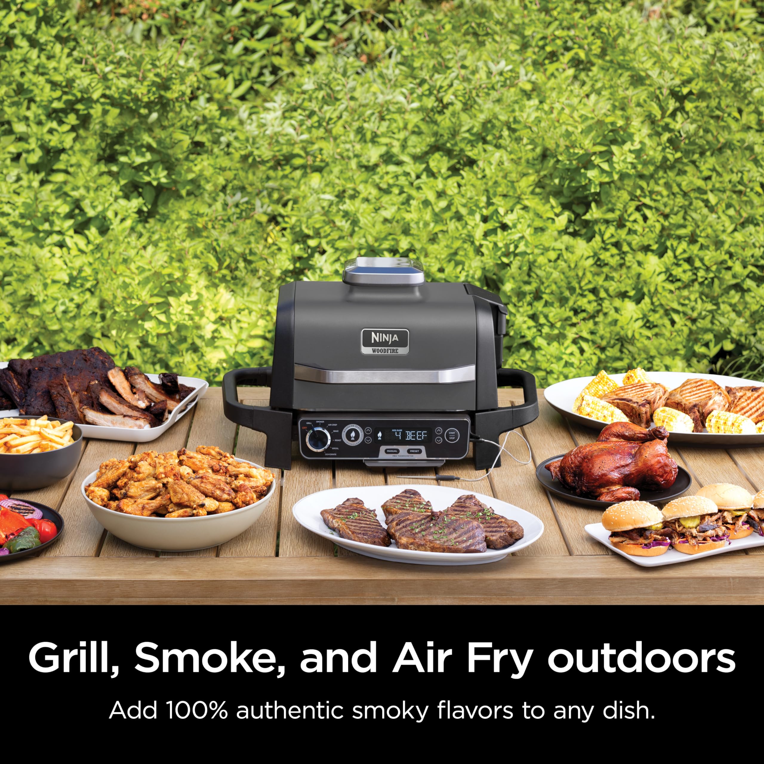 Ninja Woodfire Pro 7-in-1 Electric Outdoor Grill & Smoker with Thermometer - Portable BBQ Smoker, Air Fryer, Oven for Baking, Roasting, Dehydrating & Broiling - Includes Ninja Woodfire Pellets (Grey, OG751BRN) - Perfect for Backyard BBQs, Camping & Outdoor Cooking