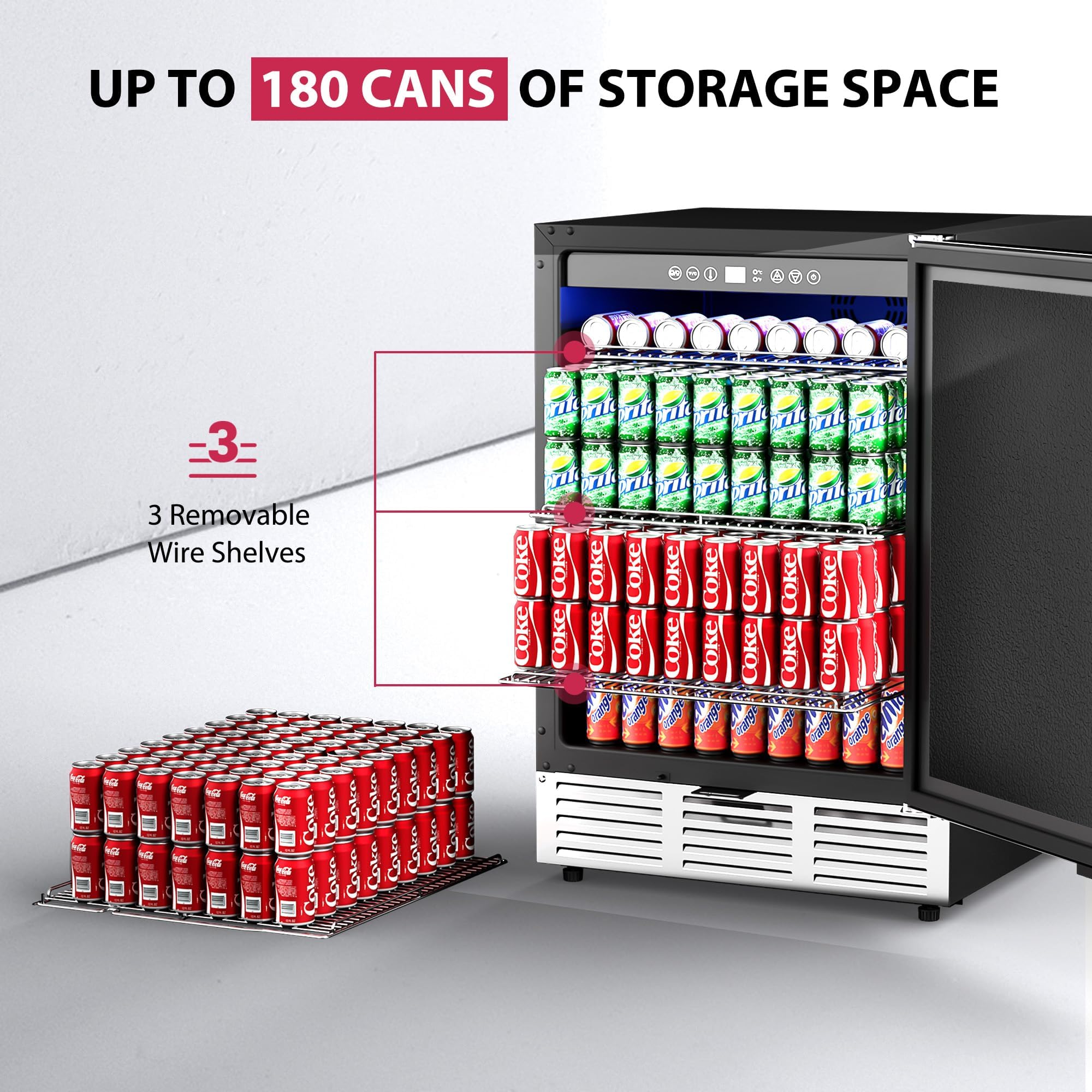 24 Inch Undercounter Beverage Refrigerator - 180 Can Capacity Stainless Steel Mini Fridge for Soda, Beer & Wine - Perfect for Home, Kitchen, Patio & Outdoor Entertaining
