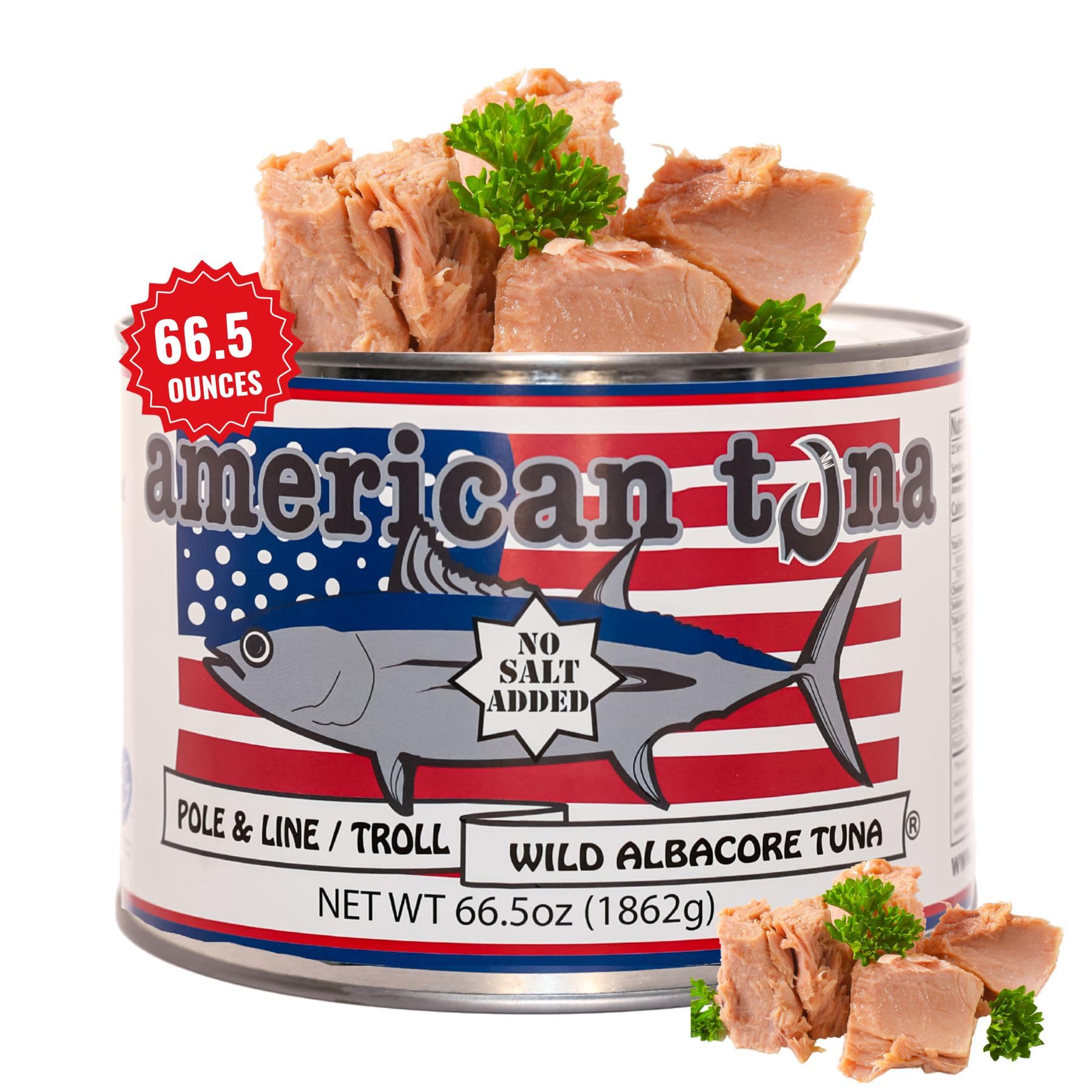 Premium Wild Albacore Tuna - No Salt Added, MSC Certified, Sustainably Pole & Line Caught | 66.5oz Can | High Protein Healthy Canned Fish for Salads, Sandwiches & Keto Diet | American Tuna Brand