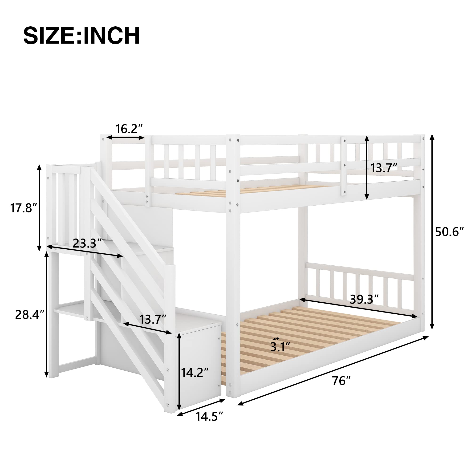 Harper & Bright Designs Twin Over Twin Kids Bunk Bed with Stairs & Storage - Low Profile Floor Bunk Bed for Toddlers, Teens & Small Spaces - No Box Spring Needed (White) - Perfect for Shared Kids Rooms, Sleepovers & Space-Saving Bedroom Solutions