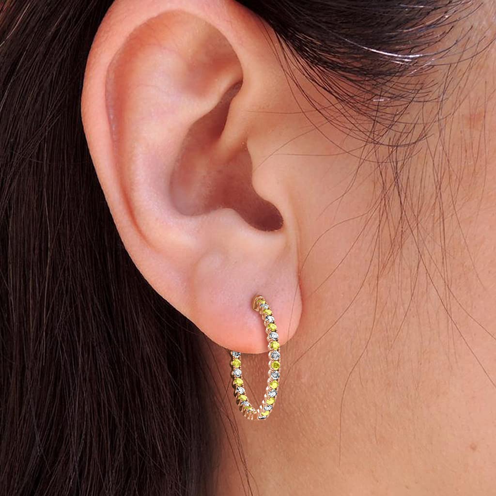14K Rose Gold Yellow Sapphire & Natural Diamond Inside-Out Hoop Earrings 1.35 ctw - Elegant Jewelry for Women, Perfect for Weddings, Parties & Special Occasions