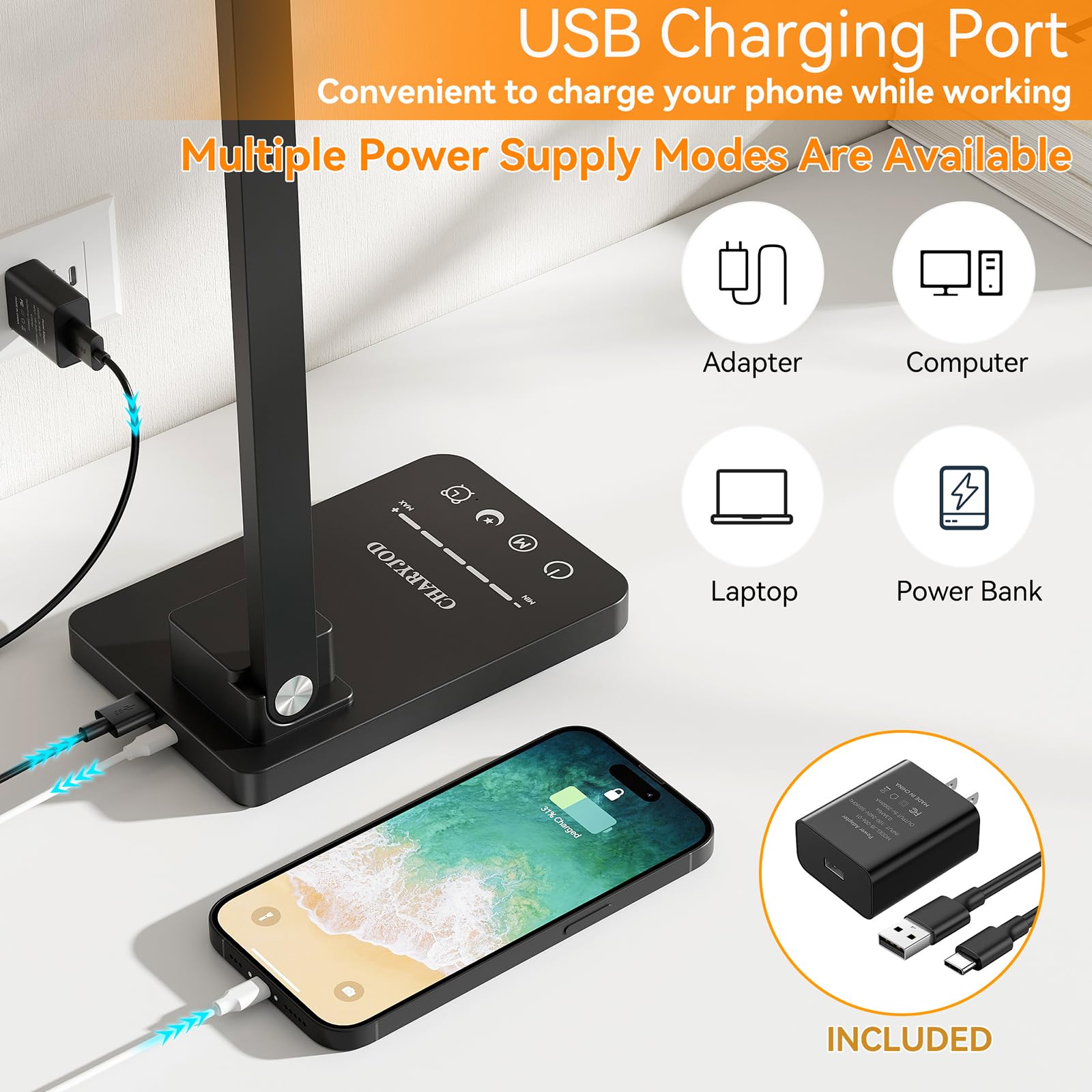 3 in 1 LED Desk Lamp - Dimmable Table Lamp with USB Charging Port & Night Light, 25 Lighting Modes & Multi-Angle Adjustable, Eye-Caring Study Light for College Dorm, Office & Home Workspace | Perfect for Reading, Working & Nighttime Use
