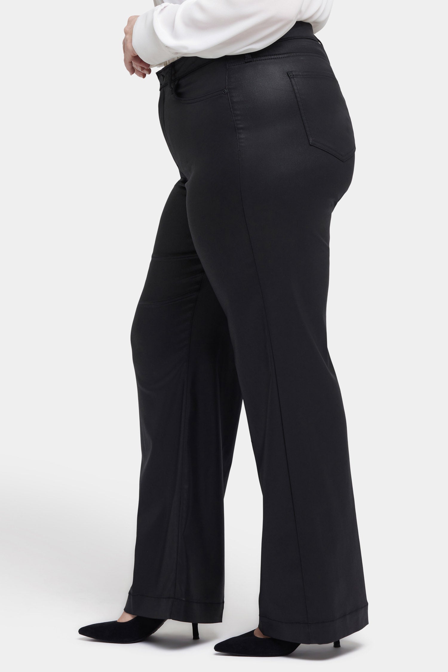Plus Size Black Coated Teresa Wide Leg Jeans for Women - Stylish High Waist Stretch Denim Pants for Casual Wear & Office Outfits