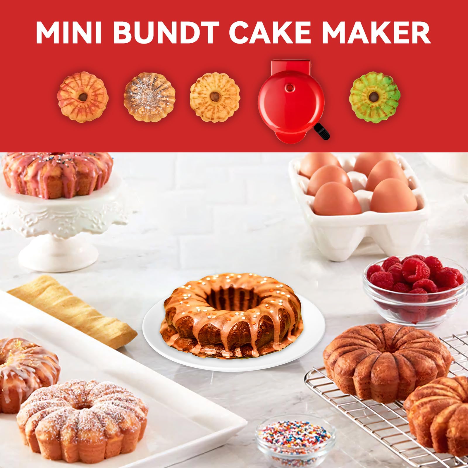 Mini Cake Maker - Portable Electric Bundt Cupcake Maker with Double-Sided Heating for Breakfast, Desserts & Snacks - Perfect for Home, Office & Travel (Red)