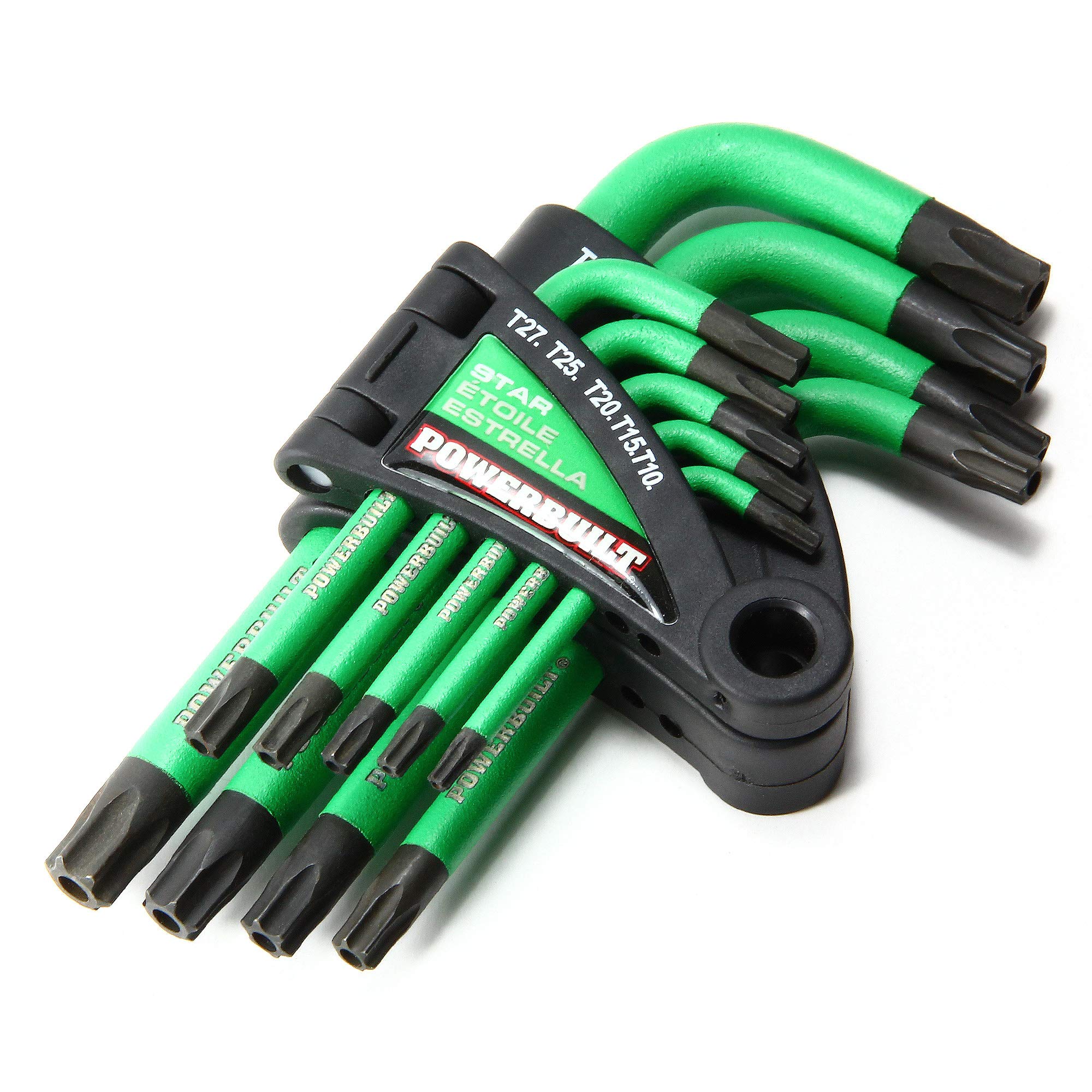 Powerbuilt 9-Piece L-Type Tamper Proof Wrench Set - Short Arm Torx Star Key with Non-Slip Handle & Hex Ball End (Includes Holder) - Green 941071 - Perfect for Automotive Repair, Machinery Maintenance & DIY Projects