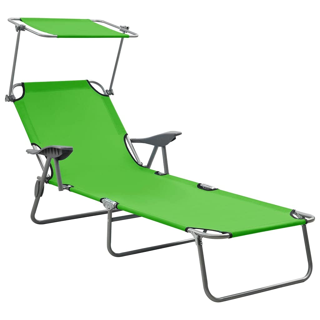 Lightweight Folding Beach Lounge Chair with Adjustable Canopy & Backrest - Portable Sun Lounger for Poolside, Backyard, and Outdoor Relaxation - Durable Steel Frame in Green