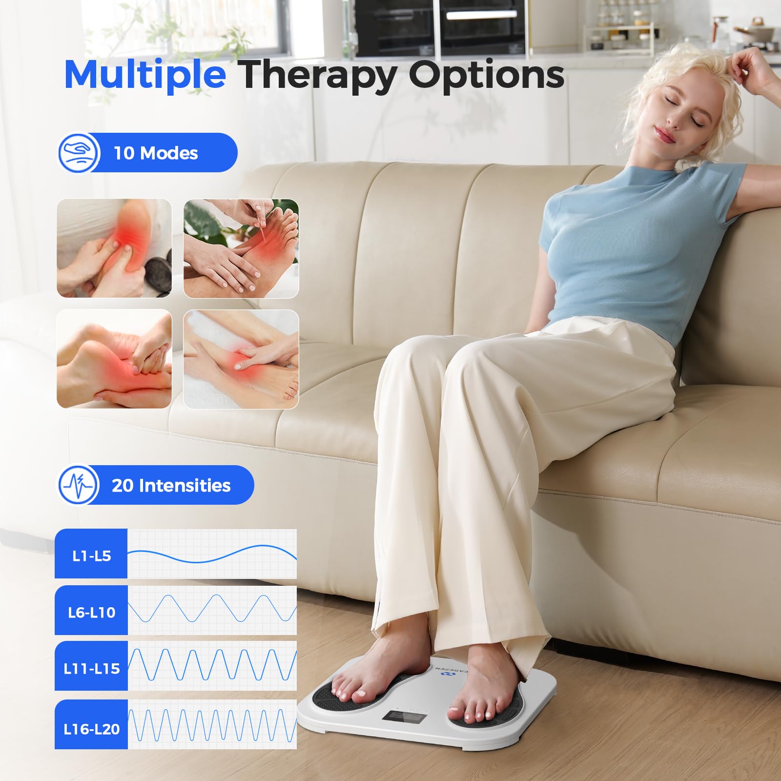 TENS EMS Foot Massager for Neuropathy Relief - 10 Modes & 20 Intensity Levels for Plantar Fasciitis, Swelling & Circulation - Ideal for Home Use & Gifts for Parents (FSA/HSA Eligible) - Perfect for Relaxation & Pain Management After Workouts or Long Standing