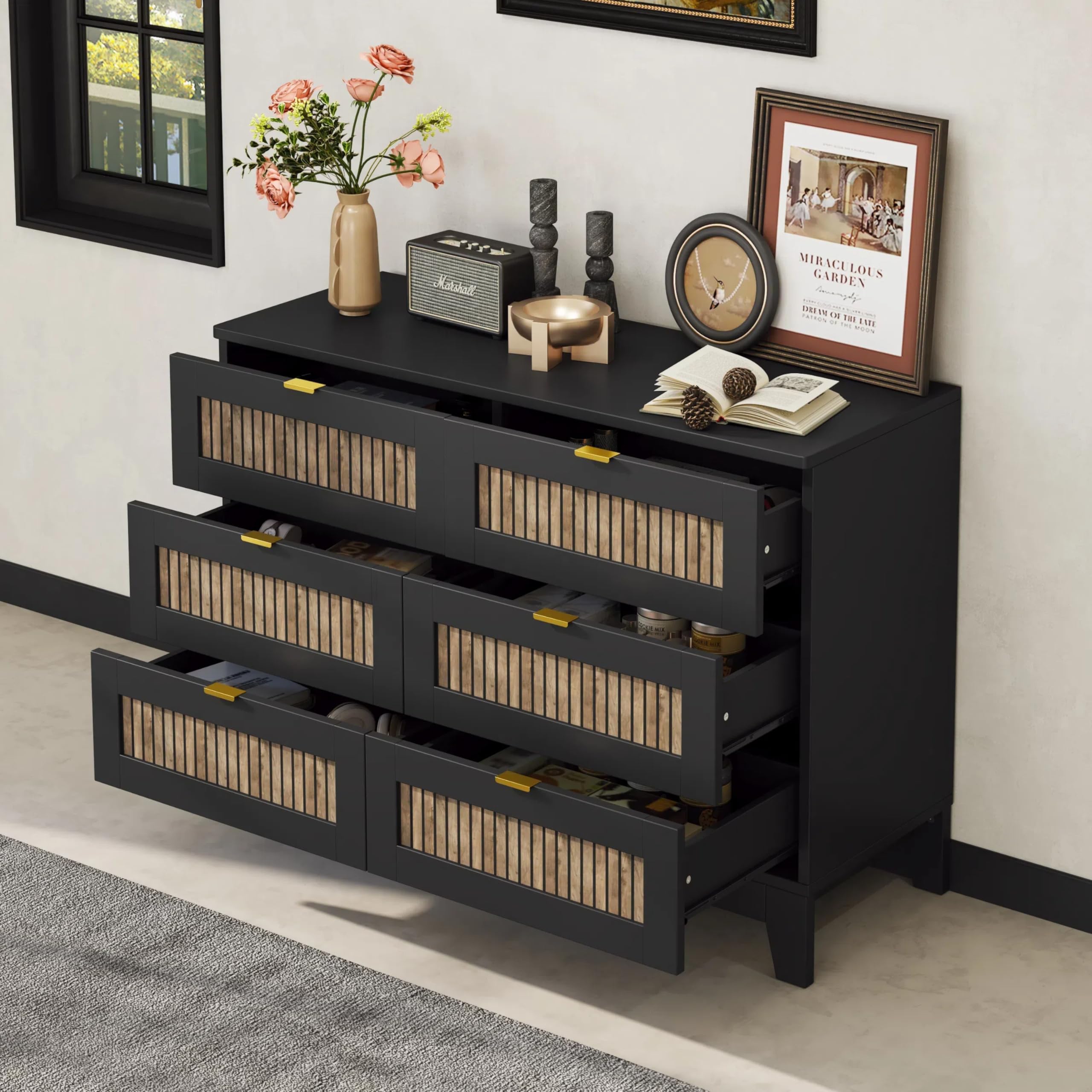 Farmhouse Queen Size Bedroom Set - 4-Piece Platform Bed with Wooden Strip Design, 2 Storage Nightstands & Dresser with Metal Handles, Black - Perfect for Rustic, Modern Farmhouse, or Industrial Style Bedrooms