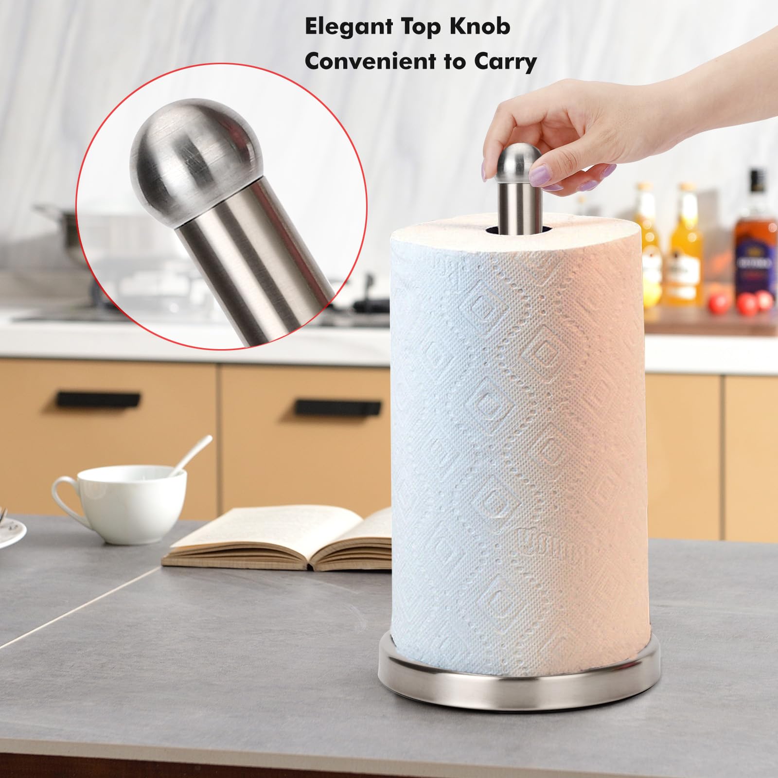Sturdy Brushed Nickel Paper Towel Holder Stand - Fits Standard & Jumbo Rolls - Countertop & Kitchen Organizer for Home & Office Use