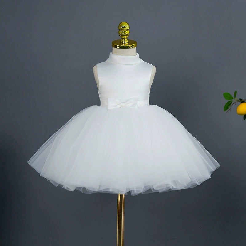 Princess Mock Neck Tea Length Satin Flower Girl Dress in White - Perfect for Weddings, Pageants & Special Occasions