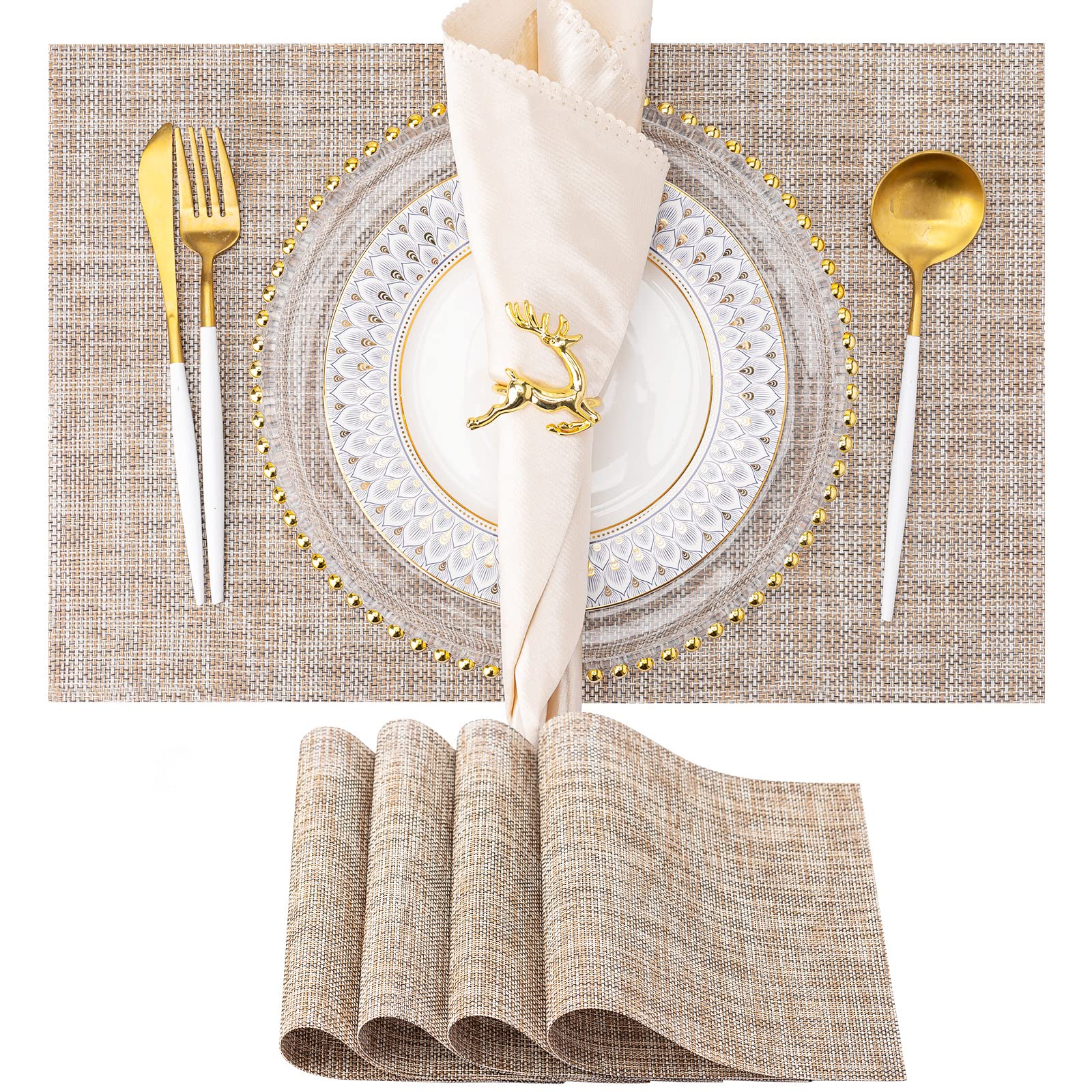 4-Pack Washable Vinyl Placemats for Dining Table - Indoor/Outdoor PVC Woven Table Mats in Caramel | Perfect for Kitchen, Patio, Picnic & Restaurant Use