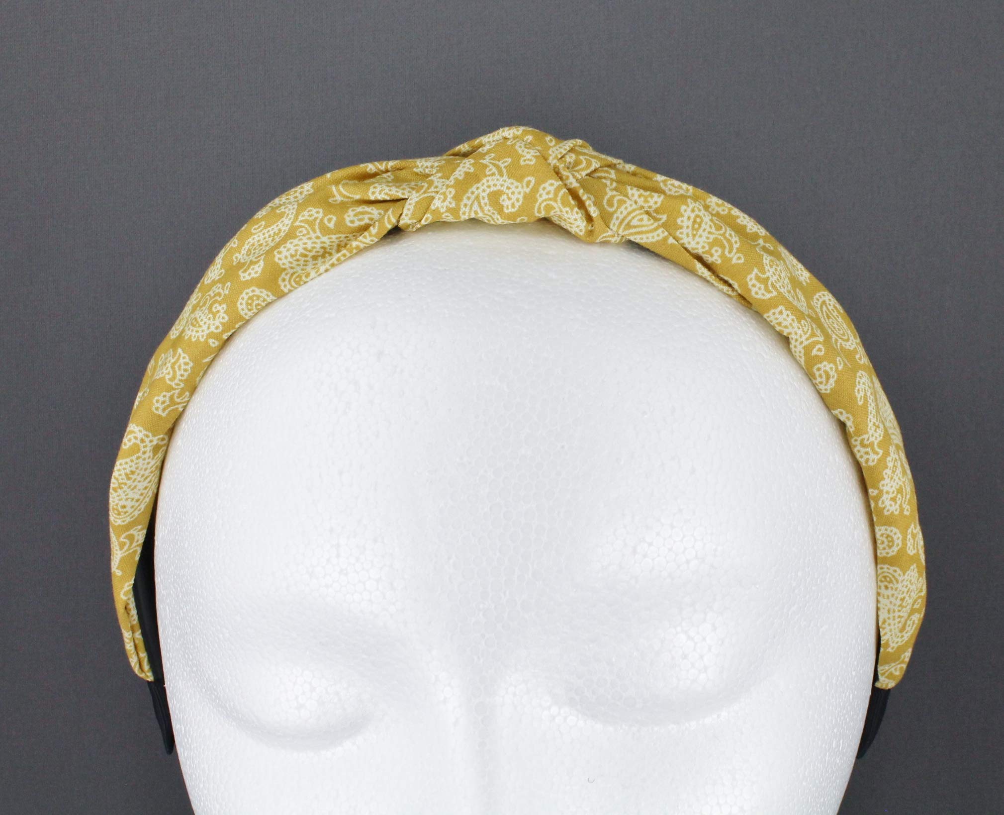 Yellow and White Turban Knot Headband - Paisley Fabric Covered Hair Band with Grip Teeth for Women | Yoga, Workout, and Fashion Accessory