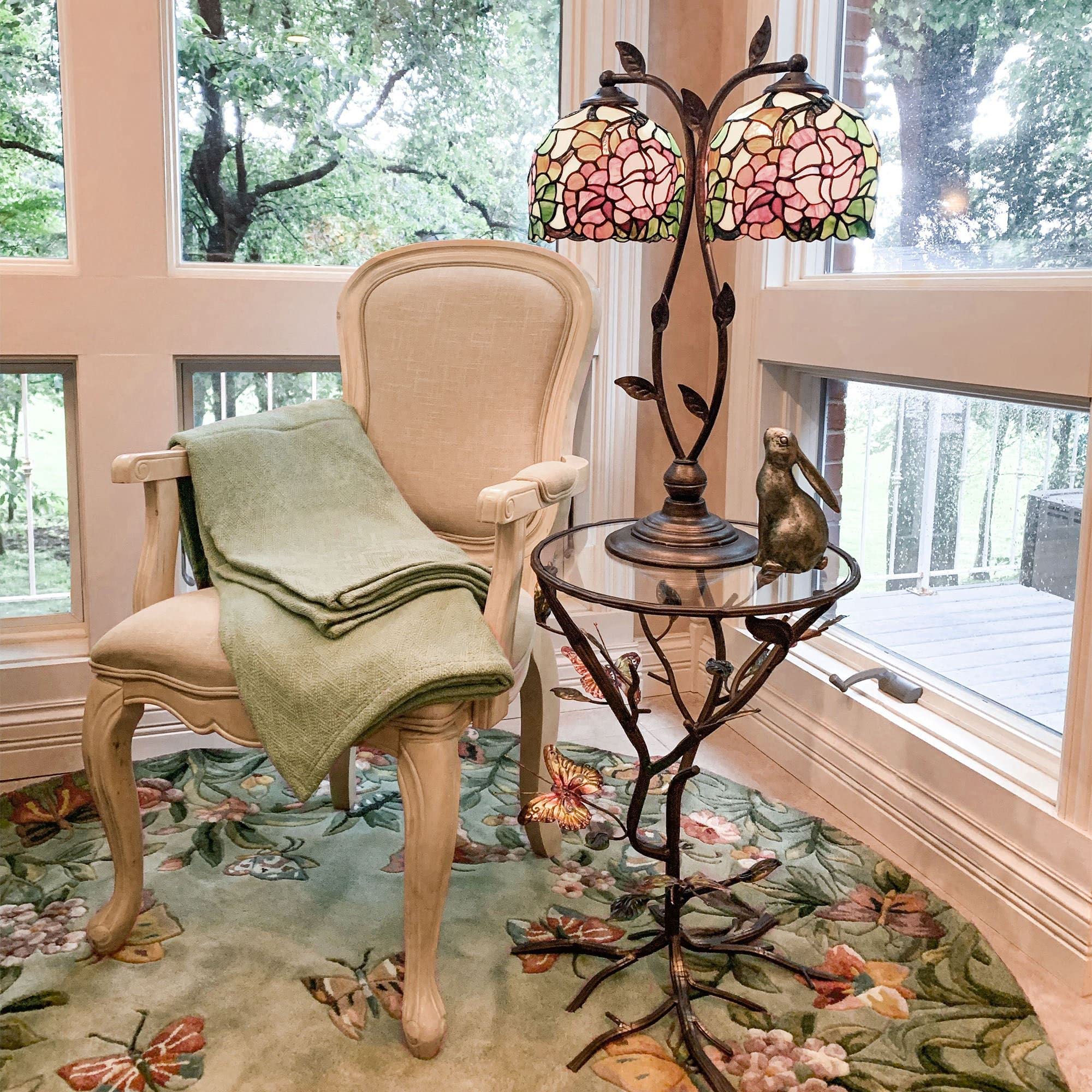Handcrafted Tiffany Style Jacinthia Floral Stained Glass Table Lamp - Red & Pink Flowers, Double Shade, Hand-Painted - Elegant Bedroom & Desk Lighting for Home Decor, Living Room, Office