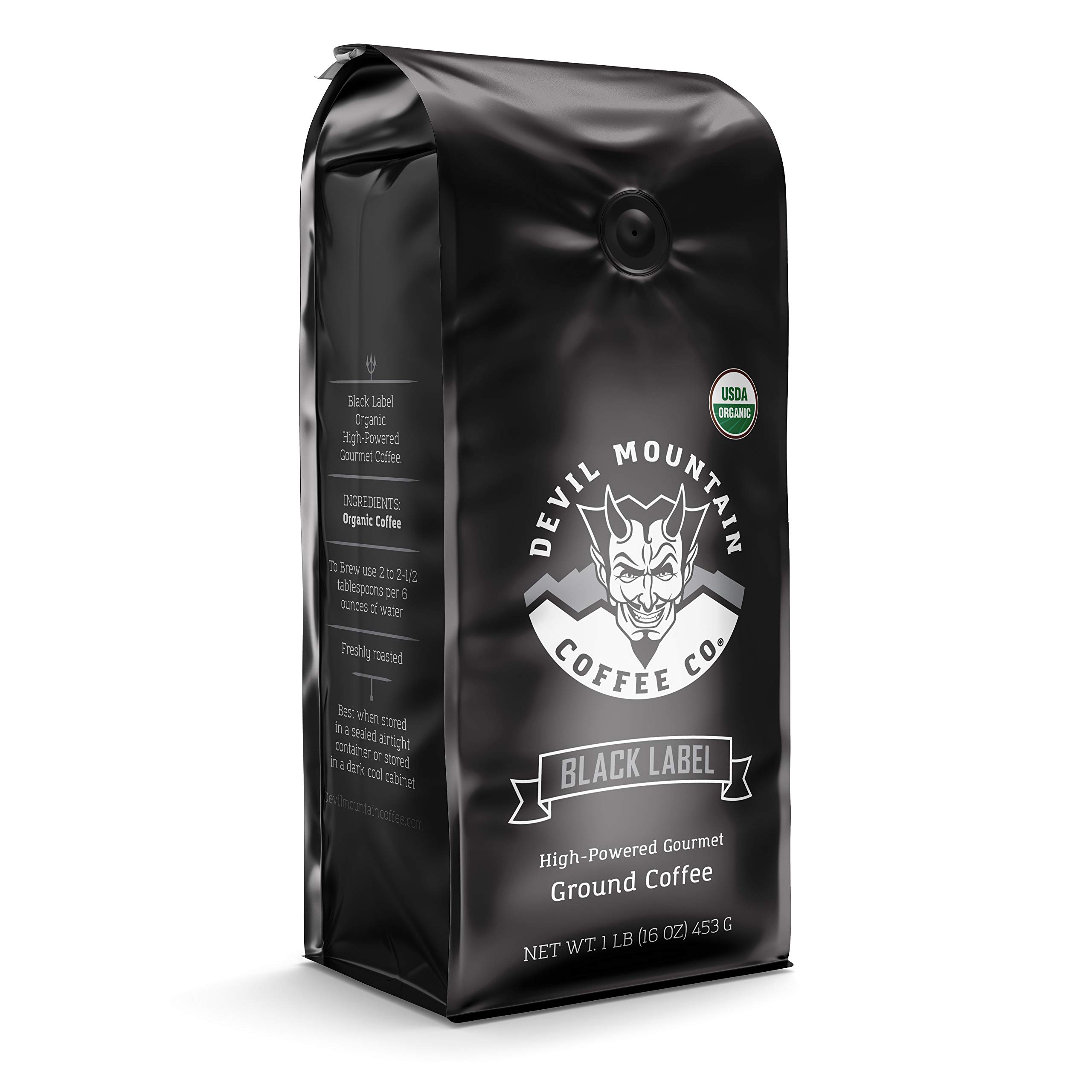 Devil Mountain Coffee Black Label Dark Roast Ground Coffee - Strong High Caffeine USDA Organic Fair Trade Gourmet Artisan Roasted - World's Strongest Coffee 16oz Bag - Perfect for Home Brewing, Office Use & Energy Boost