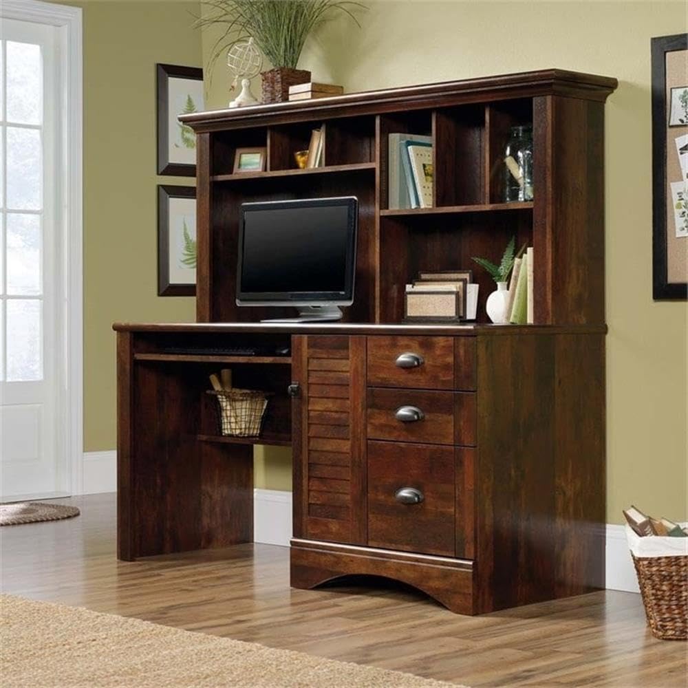 Pemberly Row Computer Desk with Hutch, CPU Storage & Keyboard Drawer - Curado Cherry Finish for Home Office, Study & Workspace Organization