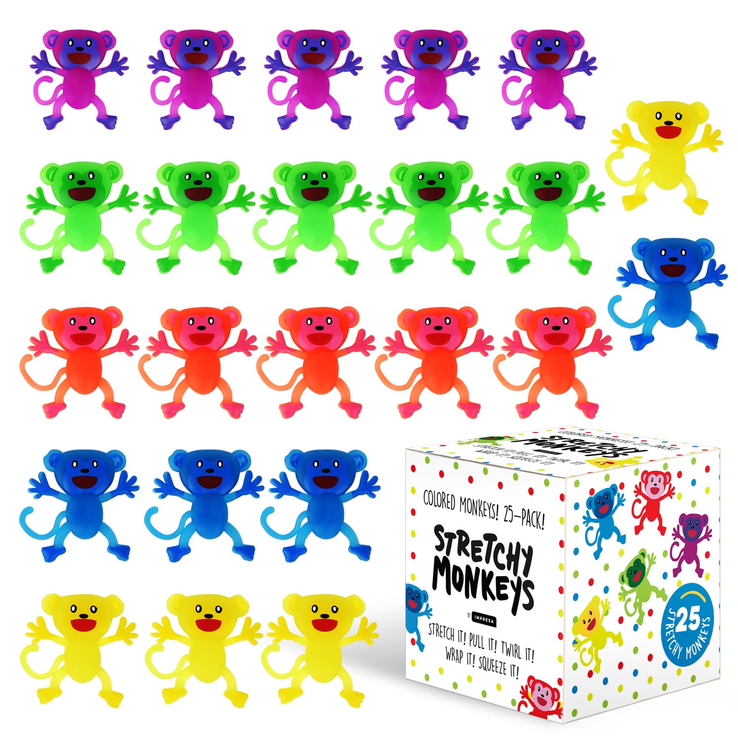 IMPRESA [25 Pack] Stretchy Monkey Sensory Fidget Toys for Kids - Stress Relief & Focus Improvement - Safe, Colorful & Stretchy Anxiety Relief Toys for Toddlers & Children - Perfect for ADHD, Autism, Classroom & Home Use