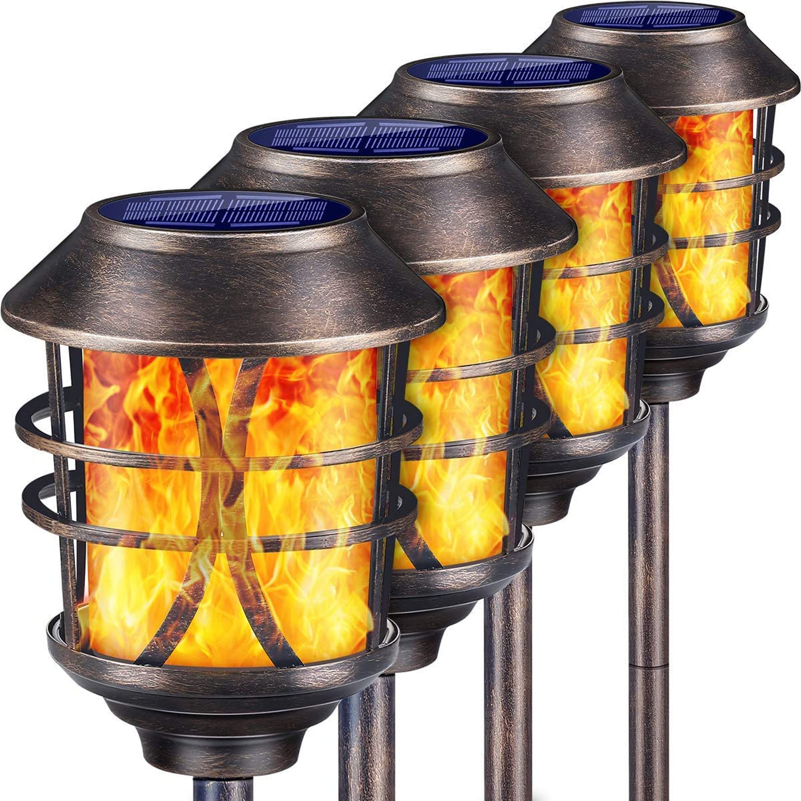TomCare Solar Torch Lights - 4 Pack Metal Flickering Flame Outdoor Solar Lights, Waterproof Garden Pathway Lighting for Patio, Yard, Pool - Auto On/Off Dusk to Dawn - Perfect for Landscape Decoration & Backyard Ambiance