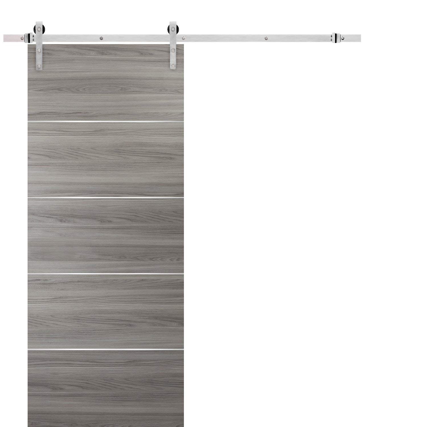 SARTODOORS 32x84 Grey Barn Sliding Door with Stainless Steel Hardware | Modern Solid Core Flush Panel Closet Door | 6.6FT Silver Rail & Hangers Set | Perfect for Bedrooms, Closets, and Home Office Spaces