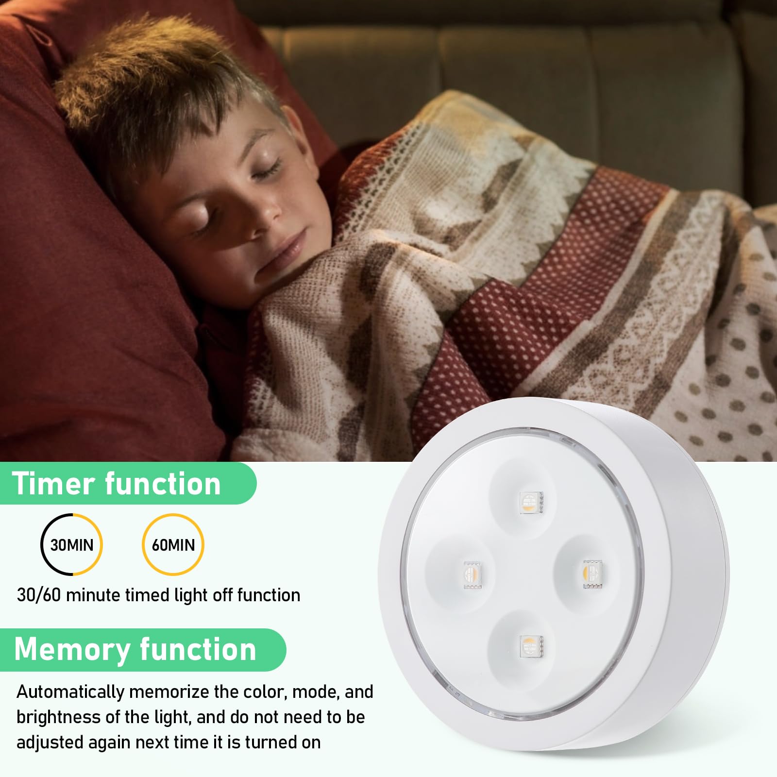 2 Pack Battery Operated LED Light Bulbs - Dimmable E26 Base, 13 Color RGB Changing Puck Lights with Remote Control & Memory Function - Perfect for Non-Electric Chandeliers, Wall Sconces, Closets, Camping & Emergency Lighting