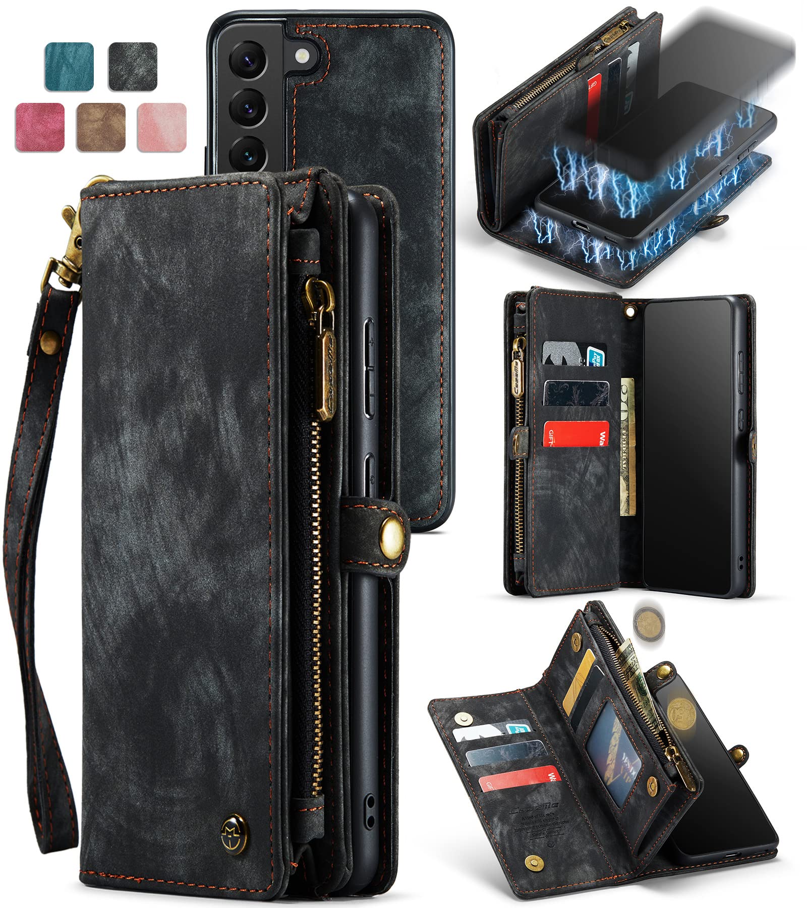 Genuine Leather Wallet Case for Samsung Galaxy S21 Plus - Detachable Magnetic Cover with Zipper Purse, RFID Blocking & Card Slots | Perfect for Business, Travel & Everyday Protection (Black)