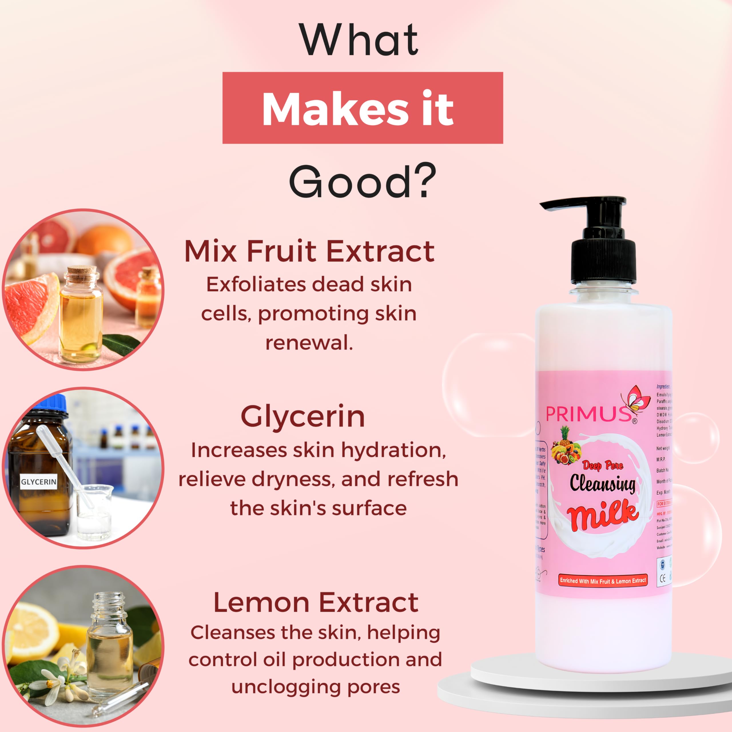 Primus Mix Fruit Cleansing Milk with Vitamin C & Lemon Extracts - Ultra Clean & Refreshing Facial Cleanser | 500ml Makeup Remover for All Skin Types | Perfect for Daily Skincare & Post-Makeup Cleansing Routine