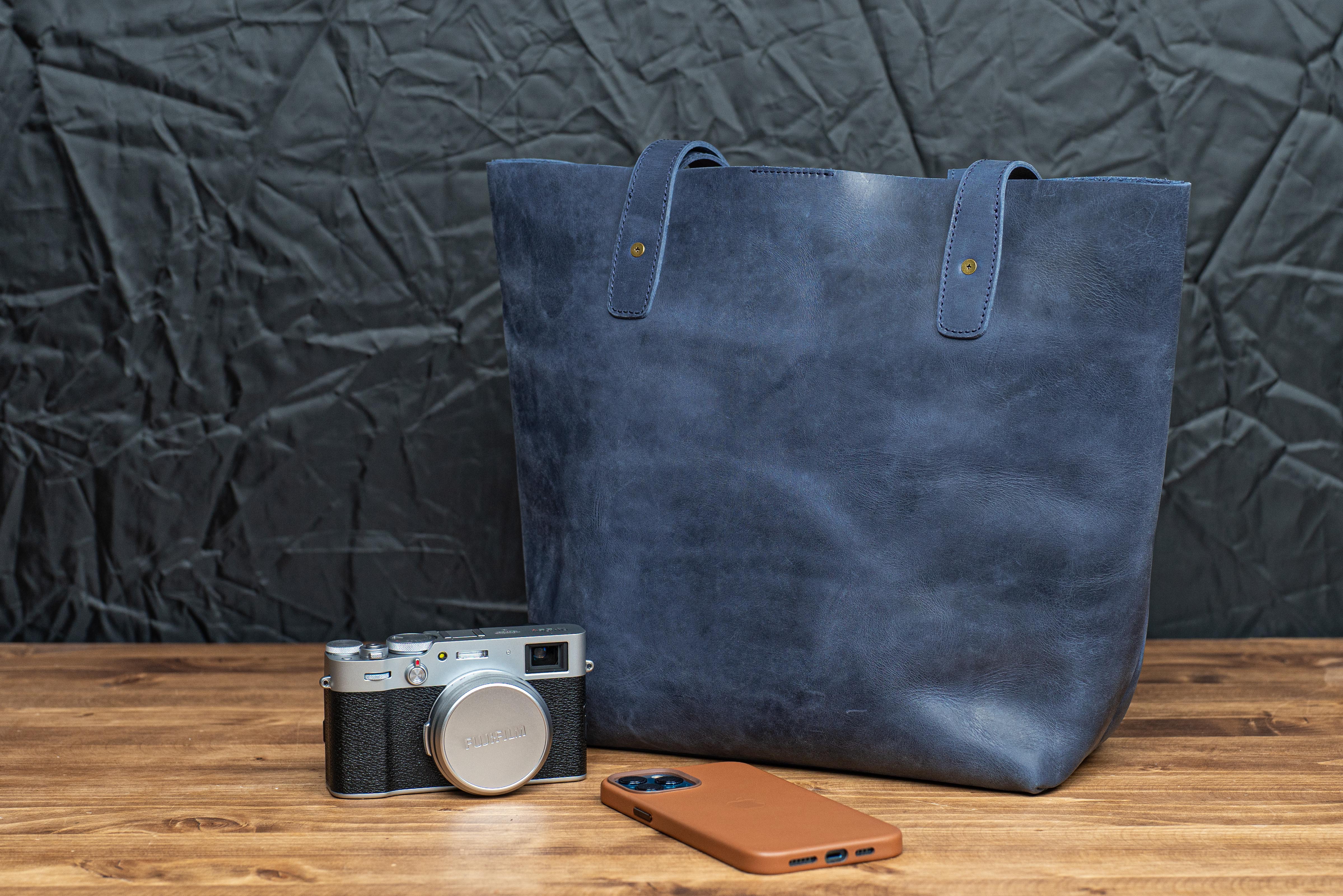 Premium Genuine Leather Tote Bag for Women - Crazy Horse Navy Blue Crossbody Work Bag - Durable & Stylish Handbag for Office, Travel & Shopping
