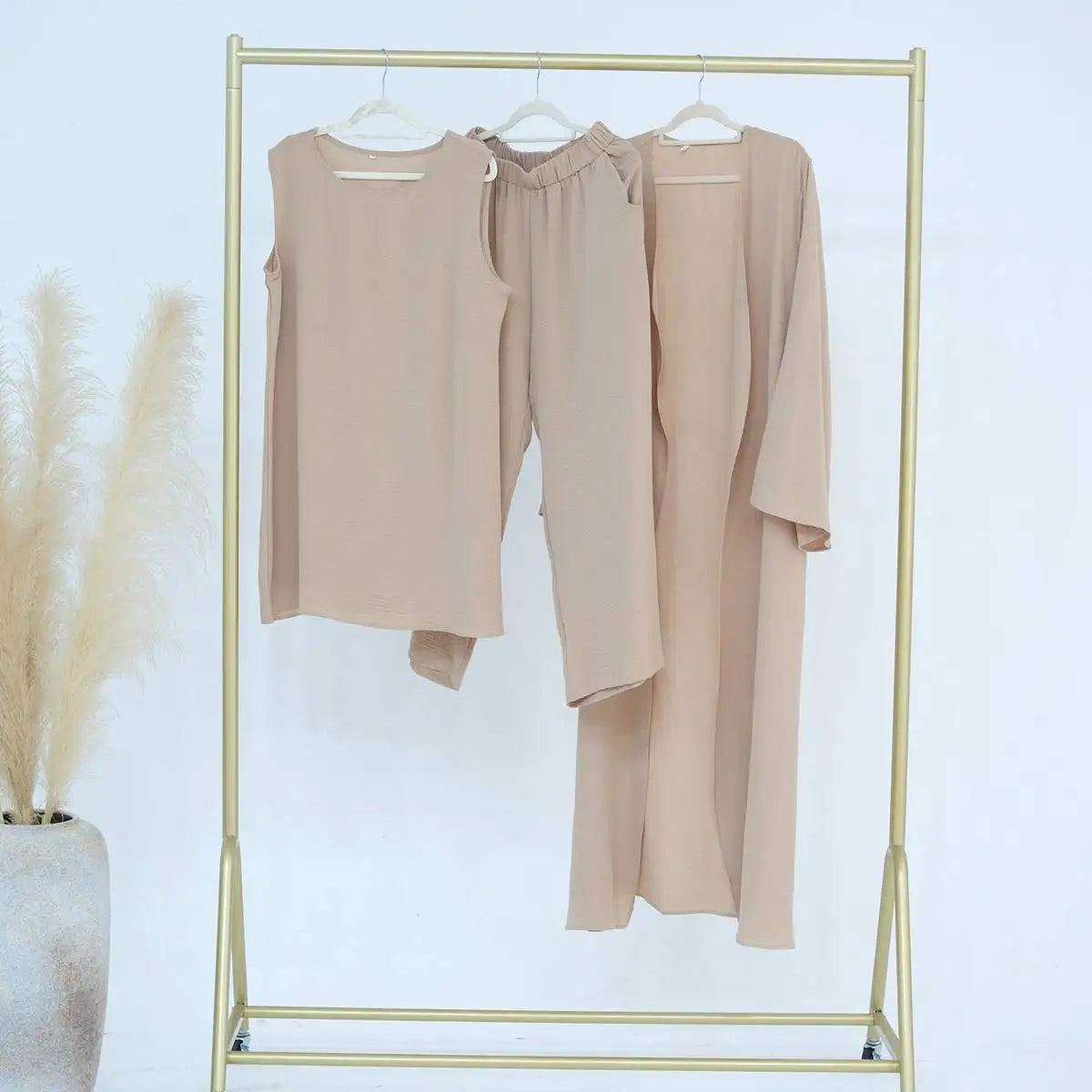 3-Piece Sleeveless Top & Pant Suit with Open Abaya Dress for Muslim Women - Modest Islamic Fashion for Prayer, Eid, Wedding & Special Occasions