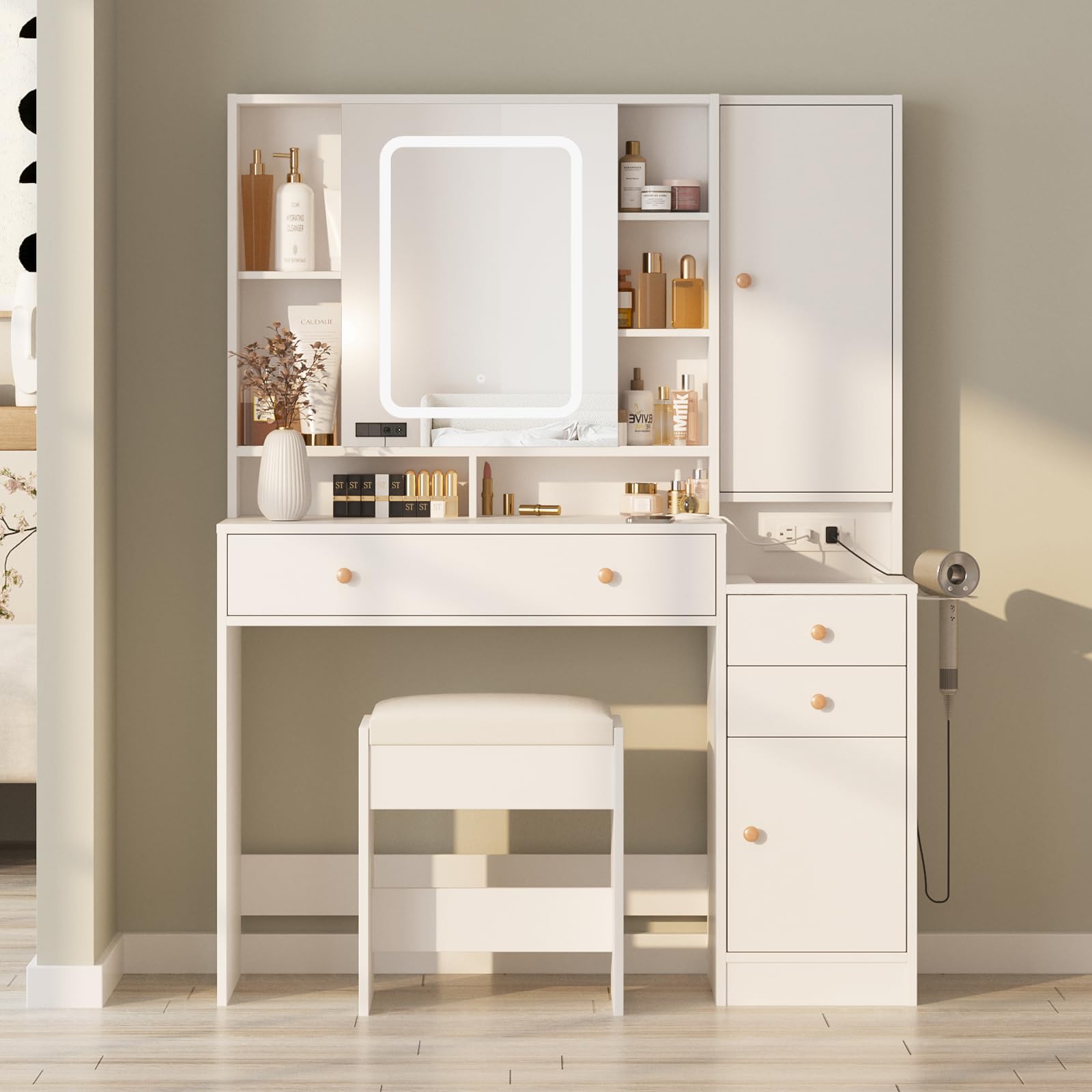 Vanity Desk with Mirror, LED Lights & USB Charging Station - 3-Drawer Glass Top Dressing Table with Jewelry Storage Cabinet, 42.8 Inch Modern Makeup Vanity for Bedroom & Dressing Room