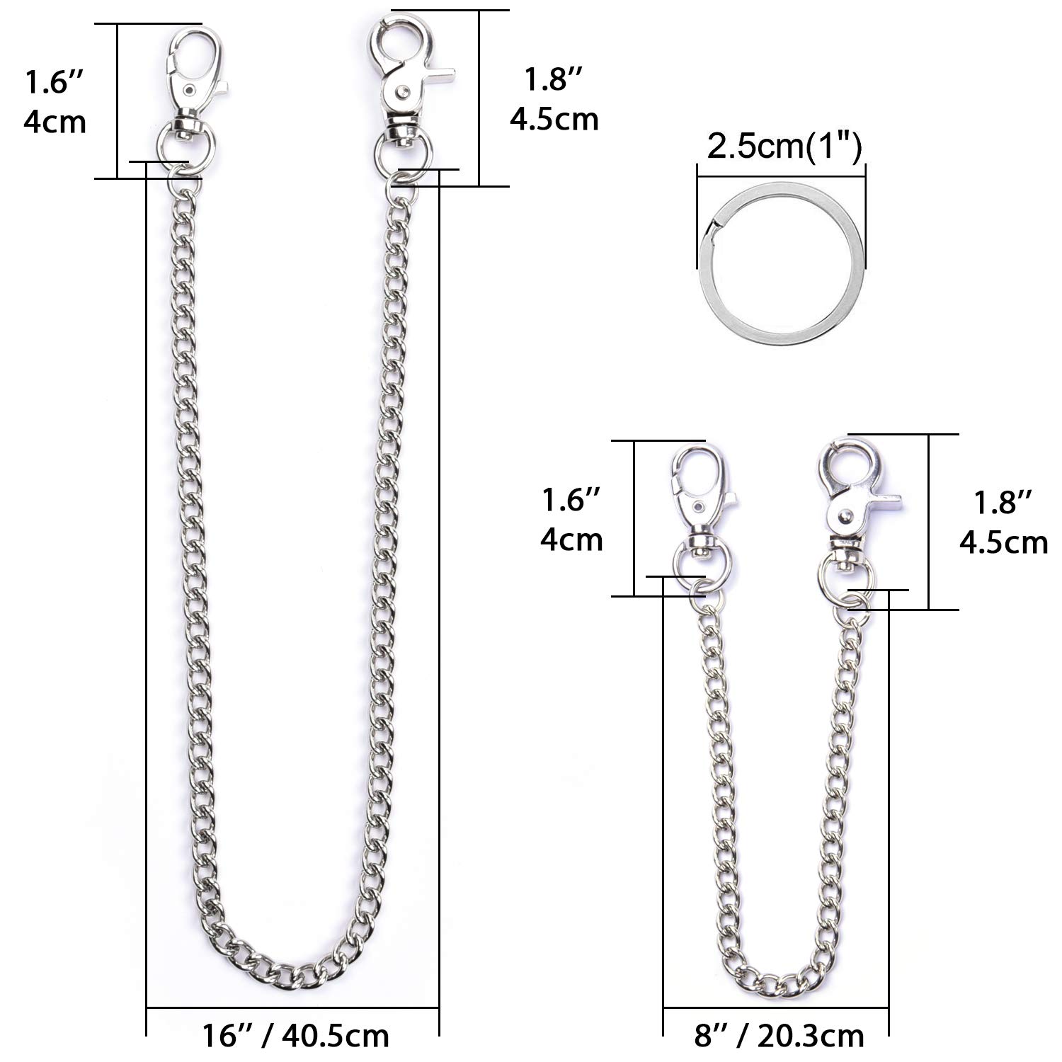 Wisdompro Heavy Duty Wallet Chain 2 Pack (8 & 16 Inch) with Lobster Clasps & Extra Rings - Silver | Secure Keys, Wallet & Accessories for Jeans, Pants, Belt Loops, Purses & Handbags | Perfect for Everyday Carry, Night Out & Travel Accessories