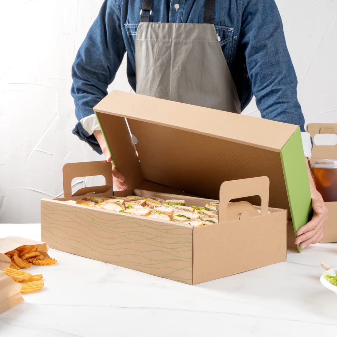Restaurantware Cater Tek 19.68 x 11.85 x 4.25 Inch Disposable Kraft & Green Paper Catering Trays - 10 Greaseproof Food Containers with Lids & Cut-Out Handles - Perfect for Charcuterie Boards, Party Platters & Catering Events